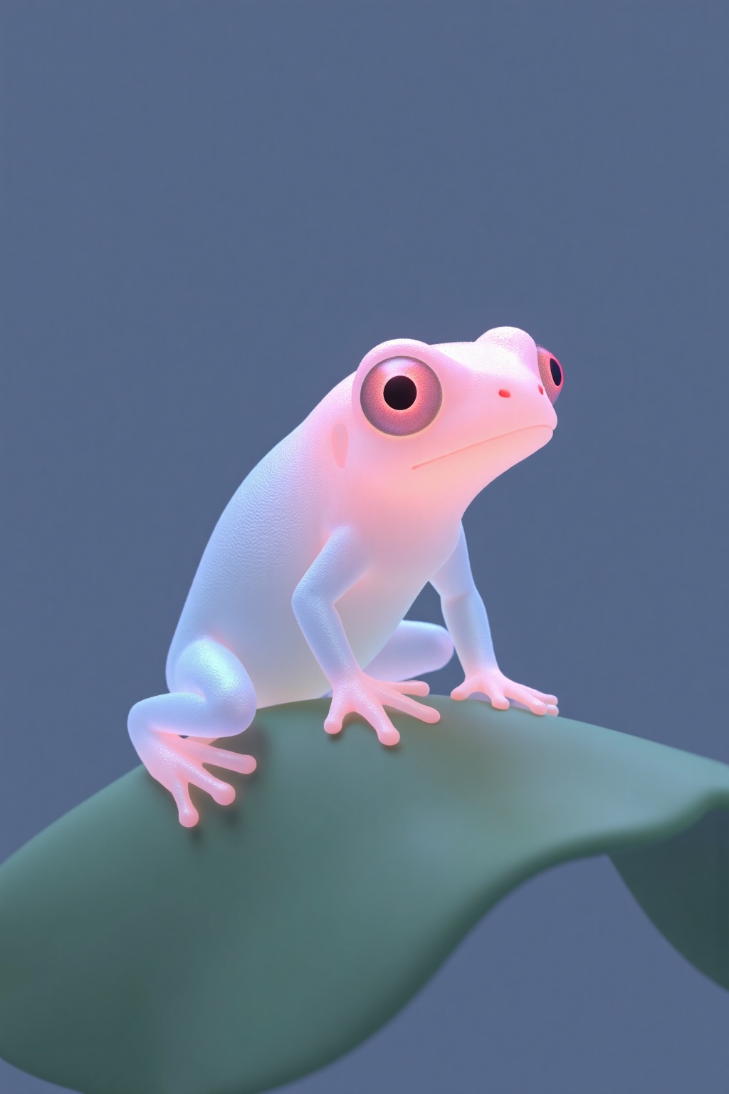 beijihui,a 3D rendering of a white and pink frog is perched on a green leaf. The frog's body is covered in a light blue tint, and its head is adorned with a pink tint. Thefrog's eyes are glowing with a black tint, adding a pop of color to the scene. The background is a deep blue, creating a stark contrast to the frog's color.