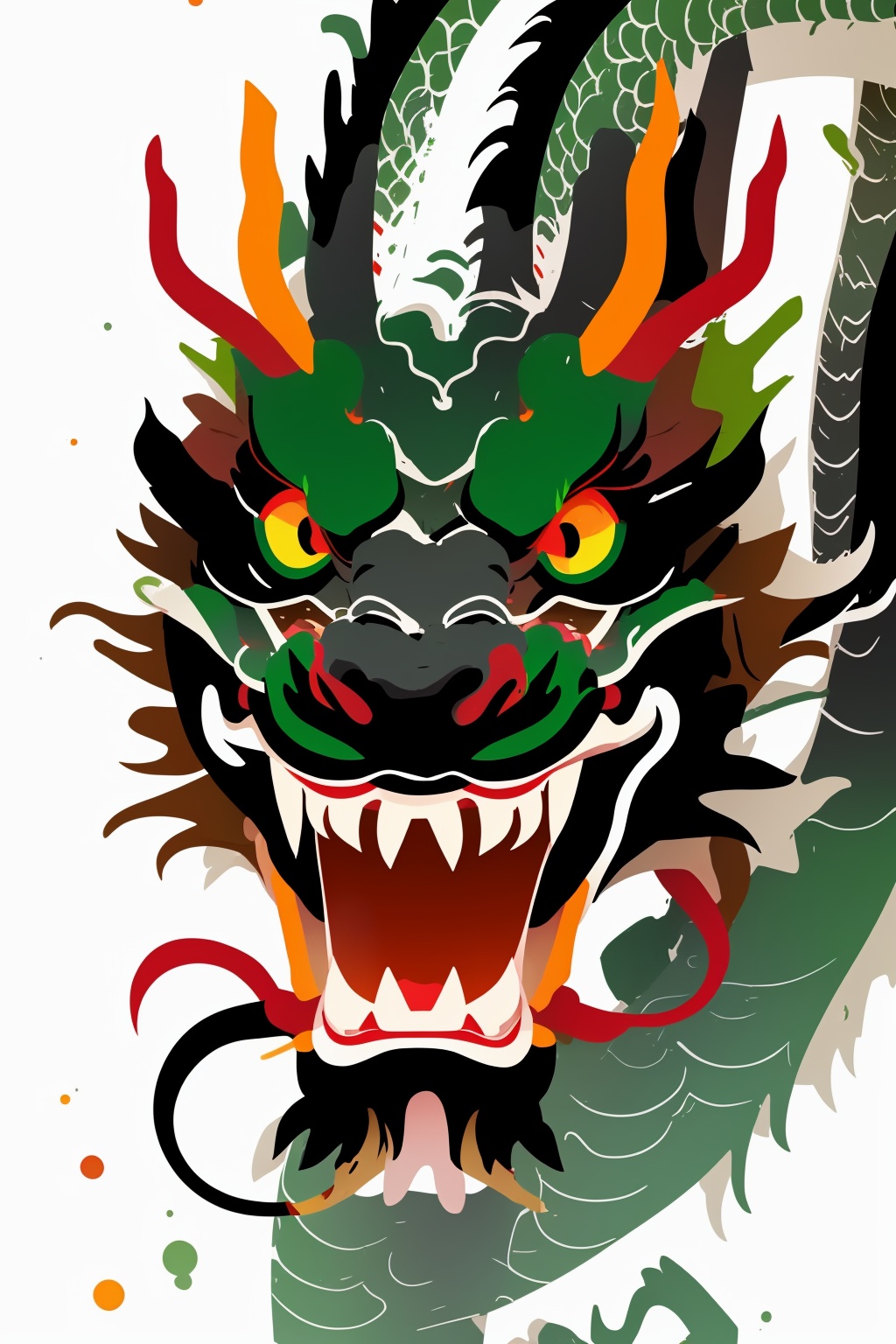 hcml,solo,open mouth,yellow eyes,teeth,no humans,fangs,whiskers,eastern dragon, <lora:幻彩墨龙-000008:0.8>