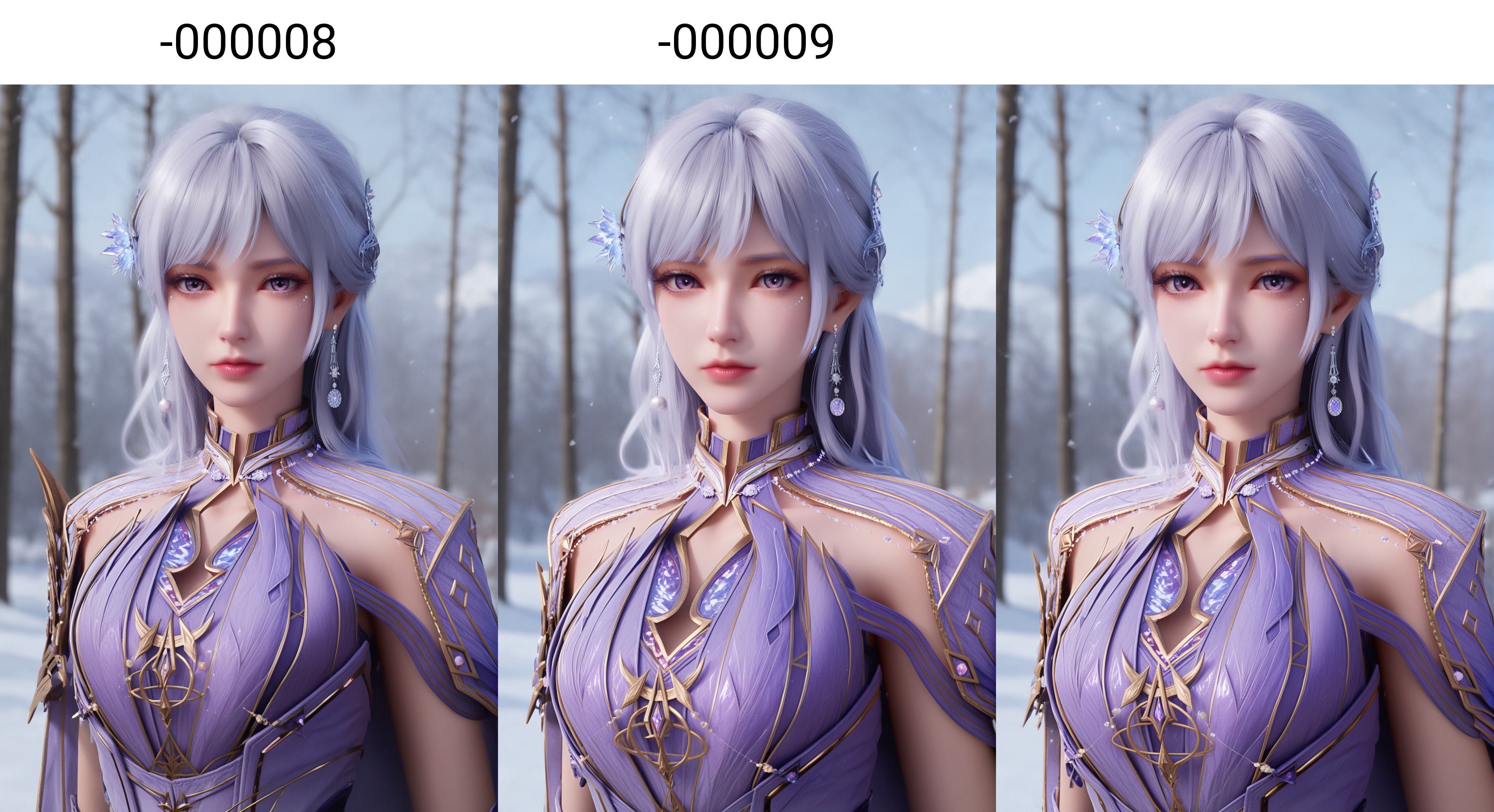 (score_9),<lora:圣彩儿-apony-000008:0.83>,caier,solo,1girl,long hair,jewelry,hair ornament,earrings,hair flower,white hair,lips,chinese clothes,shoulder armor,belt,forearm sleeve,long dress,thighhighs,<lora:Expressive_H-000001:0.8>,(soft purple eyes),purple eyes,light blush,looking at viewer,front view,(mature_female),collarbone,(glamor:1.2),curvy,pointy breasts,puffy breasts,<lora:e肤色滑块:0.35>,((white_skin)),<lora:RealisticSkinv1_ponyv6_loraplus:0.25>,real skin,realistic,simple background,in snow,Tyndall effect,available light,depth of field,tree,snowflakes,ultra-detailed skin texture,detailed textures,4K ultra HD,high detail,
