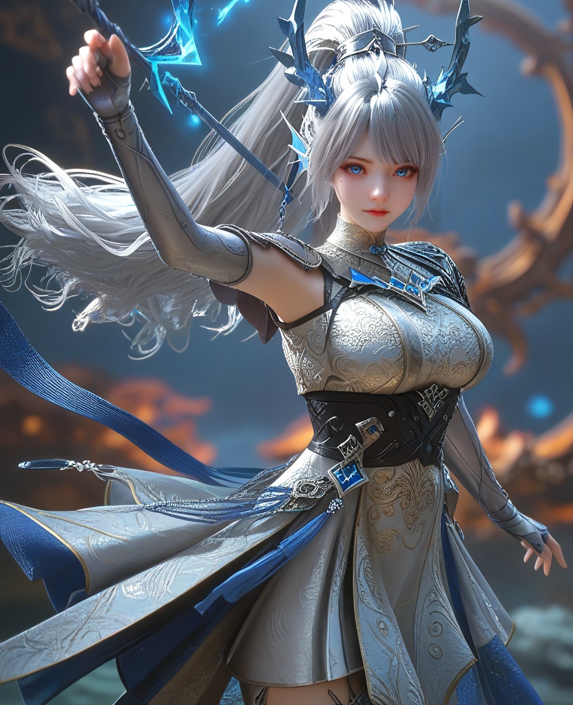 (Posing with arms overhead, palms facing upwards,:1.1),looking at viewer,(large breasts:1.2),<lora:XL16云深不知梦白龙漱玉:0.95>,miss shuyu,silver dress,blue eyes,mole under left eye,white hair,ponytail,very long hair,hair ornament,elbow gloves,cape,sash,thigh boots,shoulder armor,head fins ornament,holding polearm,, score_9,score_8_up,score_7_up,score_6_up,score_5_up,score_4_up,3d rendering,tag1,tag2, Cinematic Lighting,backlighting,