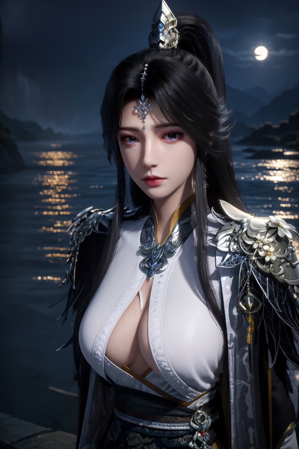 standing,dress,chinese clothes,flower,full_moon,moon,night,lily_pad,lotus,moonlight,nipples,water,night_sky,lily_\(flower\),sky,partially_submerged,1girl,solo,hair ornament,realistic,nail polish,photo_\(medium\),(big breasts, cleavage),makeup,(8k, RAW photo, best quality, masterpiece:1.2),(realistic, photorealistic:1.3),ultra-detailed,extremely detailed cg 8k wallpaper,(crystalstexture skin:1.2),extremely delicate and beautiful,(sexy pose:1.2),chinese dress,