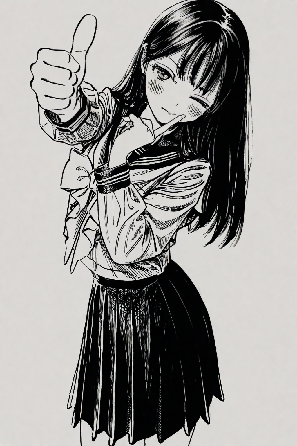 highres,absurdres,very awa,masterpiece,best quality,newest,year 2024,\n,<lora:BetterLine-Style:1>,\n,1girl,solo,monochrome,skirt,long hair,greyscale,thumbs up,school uniform,looking at viewer,blush,one eye closed,pleated skirt,bow,long sleeves,simple background,traditional media,serafuku,shirt,bowtie,white background,