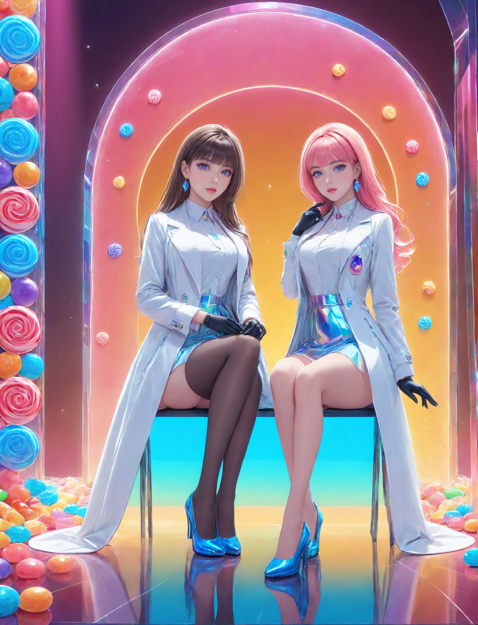 masterpiece,bestquality,candy lady,two candy ladies,white shirt,white coat,elegant sitting posture,legs,sci-fi crystal background,slender legs,candy long boots,<lora:20240730-1722271406618:0.65>,<lora:detailer-xl:1>,