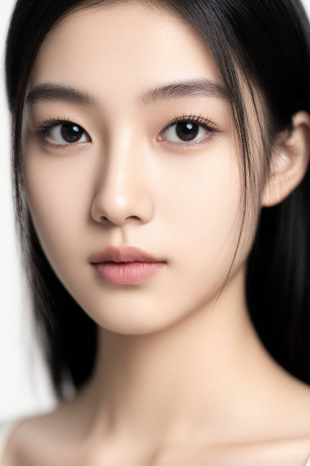 This is a photograph of a young East Asian woman with long, straight black hair framing her face. She has fair skin with a smooth complexion, and her makeup is subtle, highlighting her natural beauty. Her eyes are almond-shaped with dark, well-groomed eyebrows and long, black eyelashes. Her lips are full and slightly parted, showing a natural pink hue. The background is plain white, making her facial features stand out prominently. The lighting is soft, enhancing her clear skin and giving a gentle glow to her complexion.