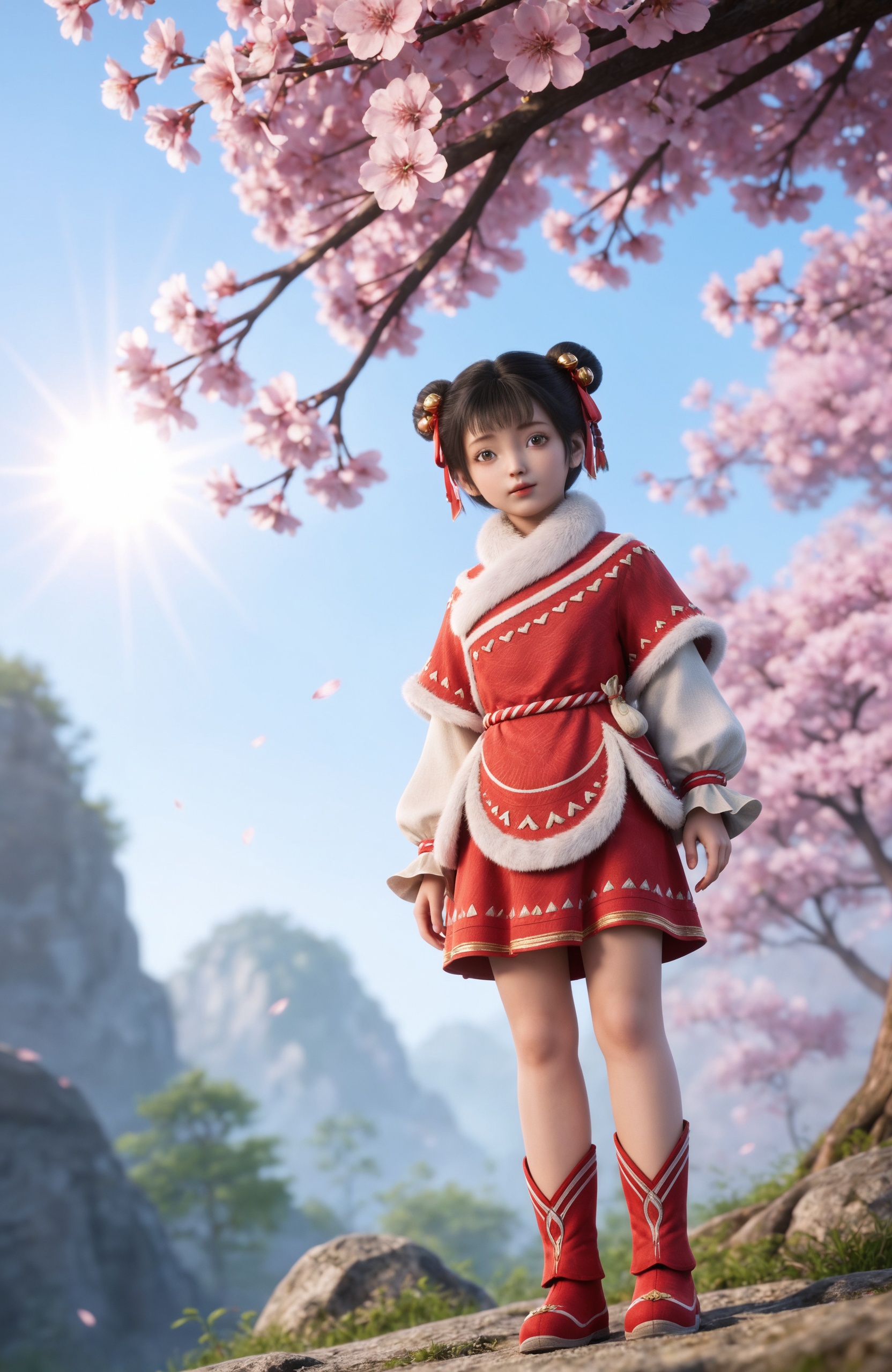 <lora:剑来2-李宝瓶Pony:0.7> 1girl, child,black hair, hair ornament, short hair, double bun, hair ribbon, brown eyes, chinese clothes, red dress, hair bell, boots, red footwear, realistic style photo,outstanding style,adding a touch of dimension to your images without compromising details,whirls of vapor,ethereal ambiance,delicate details,magical atmosphere,concept art,highly detailed,ultra-high resolution,32K UHD,sharp focus,best-quality,masterpiece,golden hour,unconventional supreme masterpiece,masterful details,temperate atmosphere,with a high-end texture,in the style of fashion photography,magazine style,Dynamic Angle,Dynamic posture,(cowboy_shot:1.2),depth of field,lens flare,extreme aesthetic,masterpiece,best quality,good quality,newest,year 2025,very aesthetic,absurdres,Visual impact,A shot with tension,ultra-high resolution,32K UHD,sharp focus,best-quality,masterpiece,Emotionalization,unconventional supreme masterpiece,masterful details,temperate atmosphere,with a high-end texture,in the style of fashion photography,(Visual impact:1.2),giving the poster a dynamic and visually striking appearance,, 1girl, solo, tree, branch, sunlight, outdoors, looking at viewer, blurry,  standing, blurry foreground,sun light,Tyndall,cherry blossom,