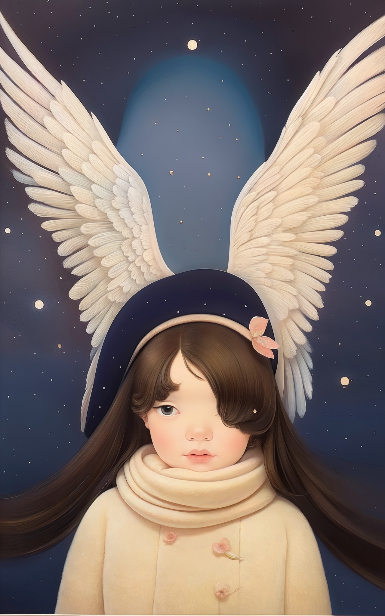 a painting of a woman holding a flower and an angel wings wings are white and blue,and the sky is dark blue,aurora,constellation,earth_\(planet\),galaxy,milky_way,night,night_sky,planet,shooting_star,sky,space,star_\(sky\),starry_sky,starry_sky_print,wings,angel_wings,feathered_wings,white_wings,city_lights,snowing,starry_background,tanabata,star_\(symbol\),mini_wings,astronaut,light_particles,crescent_moon,fireworks,tanzaku,single_wing,scarf,aerial_fireworks,signature,moon,angel,ultimate_madoka,solo,1girl,artist_name,telescope,fireflies,snow,spread_wings,moonlight,twilight,landscape,