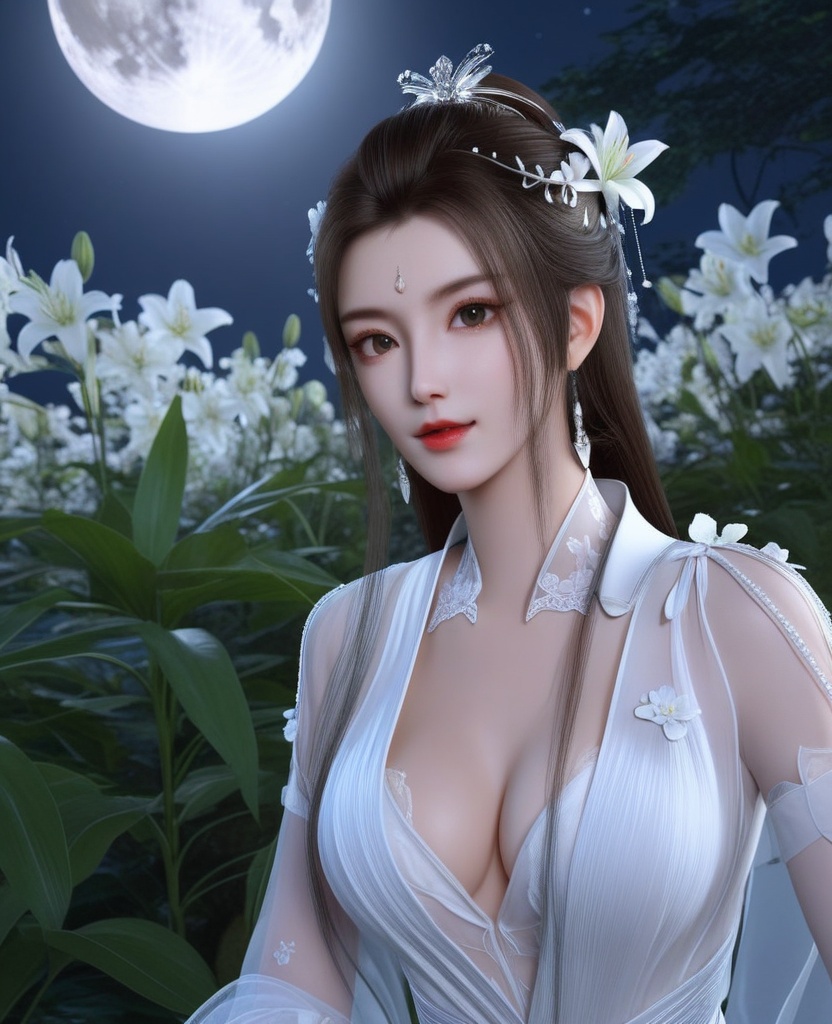<lora:612-DA-XL-少年白马醉春风-玥瑶:0.8>(,1girl, ,best quality, ),looking at viewer,  ,ultra detailed background,ultra detailed background,ultra realistic 8k cg, , ,masterpiece, (( , )),, ultra realistic 8k cg, ,      ,lily \(flower\) ,full moon ,strawberry blossoms      (cleavage), (),
