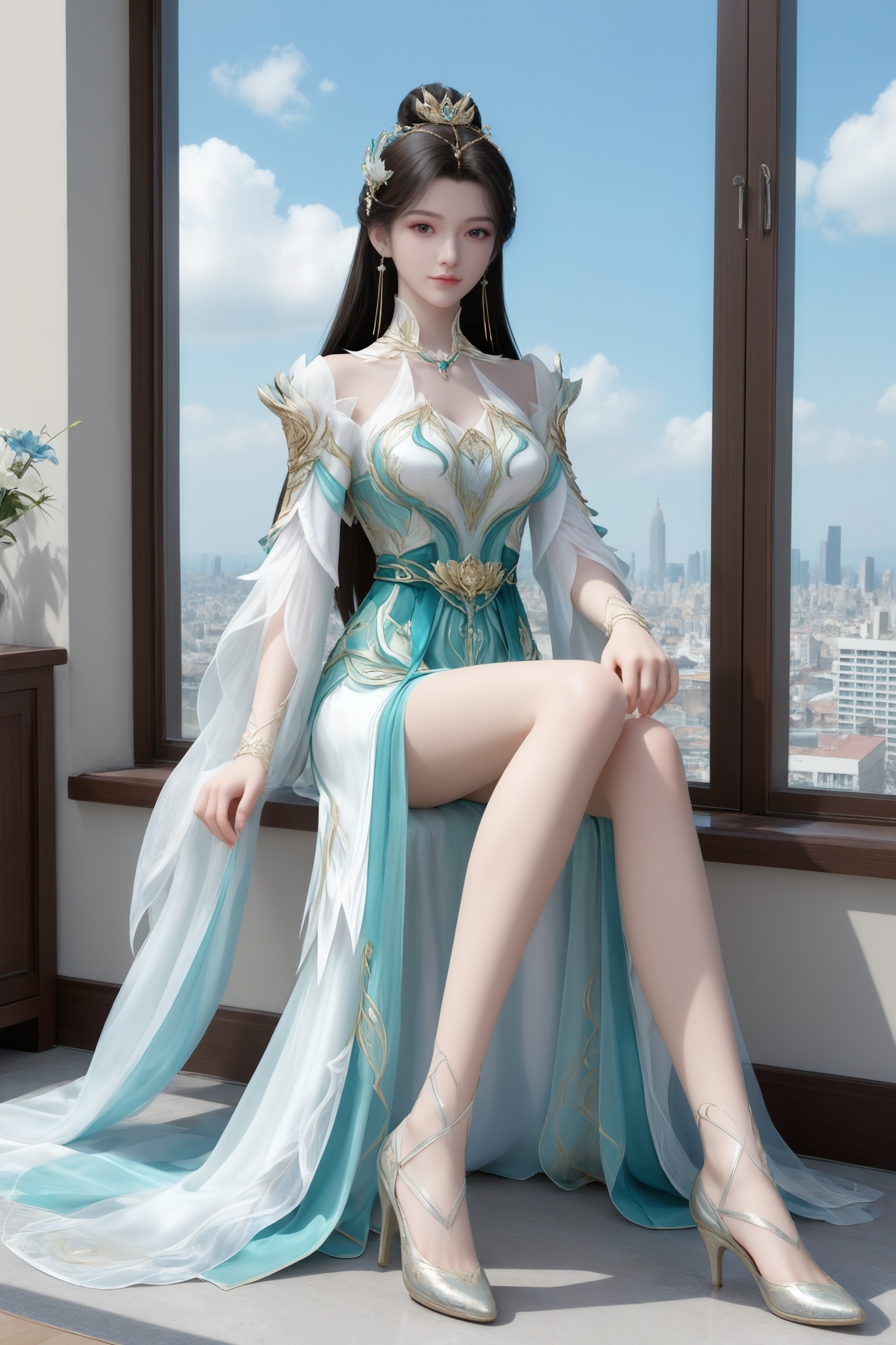 <lora:斗破苍穹-古薰儿-斗圣Pony:0.7>,1girl,long dark hair,floral crown,intricately designed,flowing gown with white,teal,and silver,intricate,ornate patterns,high collar,long sleeves,high slit skirt,slender legs,high heels,, 1girl,solo,sitting,window,frills,sky,cloud,indoors,cityscape,closed_mouth,sun,looking at viewer,