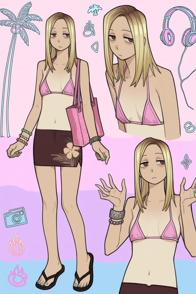 @wwrnst,  The image depicts a mature woman with long blonde hair standing in various poses against a pastel pink and purpl...