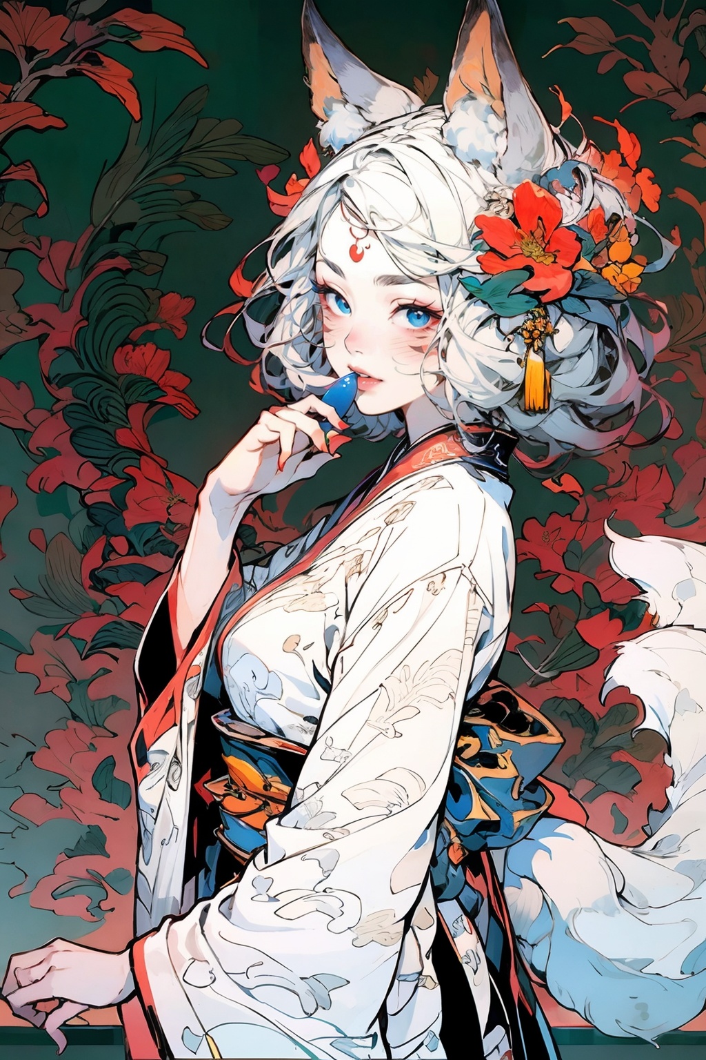 (masterpiece:1.2),best quality,highres,extremely detailed CG,perfect lighting,8k wallpaper,anime,comic,game CG,1girl,animal ears,solo,tail,blue eyes,hair ornament,looking at viewer,chinese clothing,hanfu,hair flower,fox tail,fox ears,flower,simple background,facial mark,long sleeves,upper body,hand up,spot color,whisker markings,wide sleeves,from side,tassel,closed mouth,animal ear fluff,blush,hand on own chin,bangs,white kimono,sash,parted lips,<lora:FF_20231230024508-000005>,