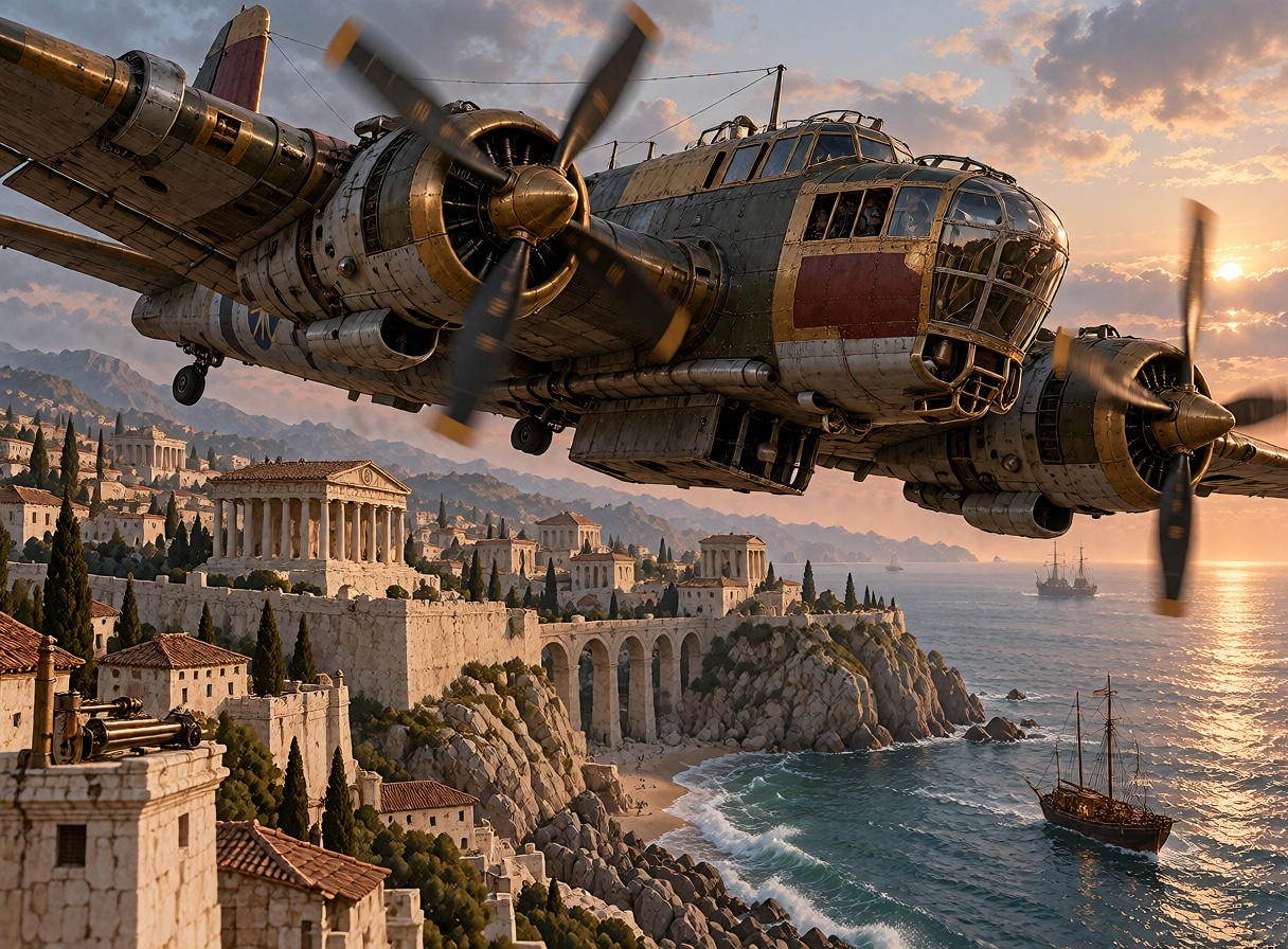 A bulky bronze-and-steel twin-propeller military aircraft flies above a coastal Roman fortress. Its armored cockpit,  radi...