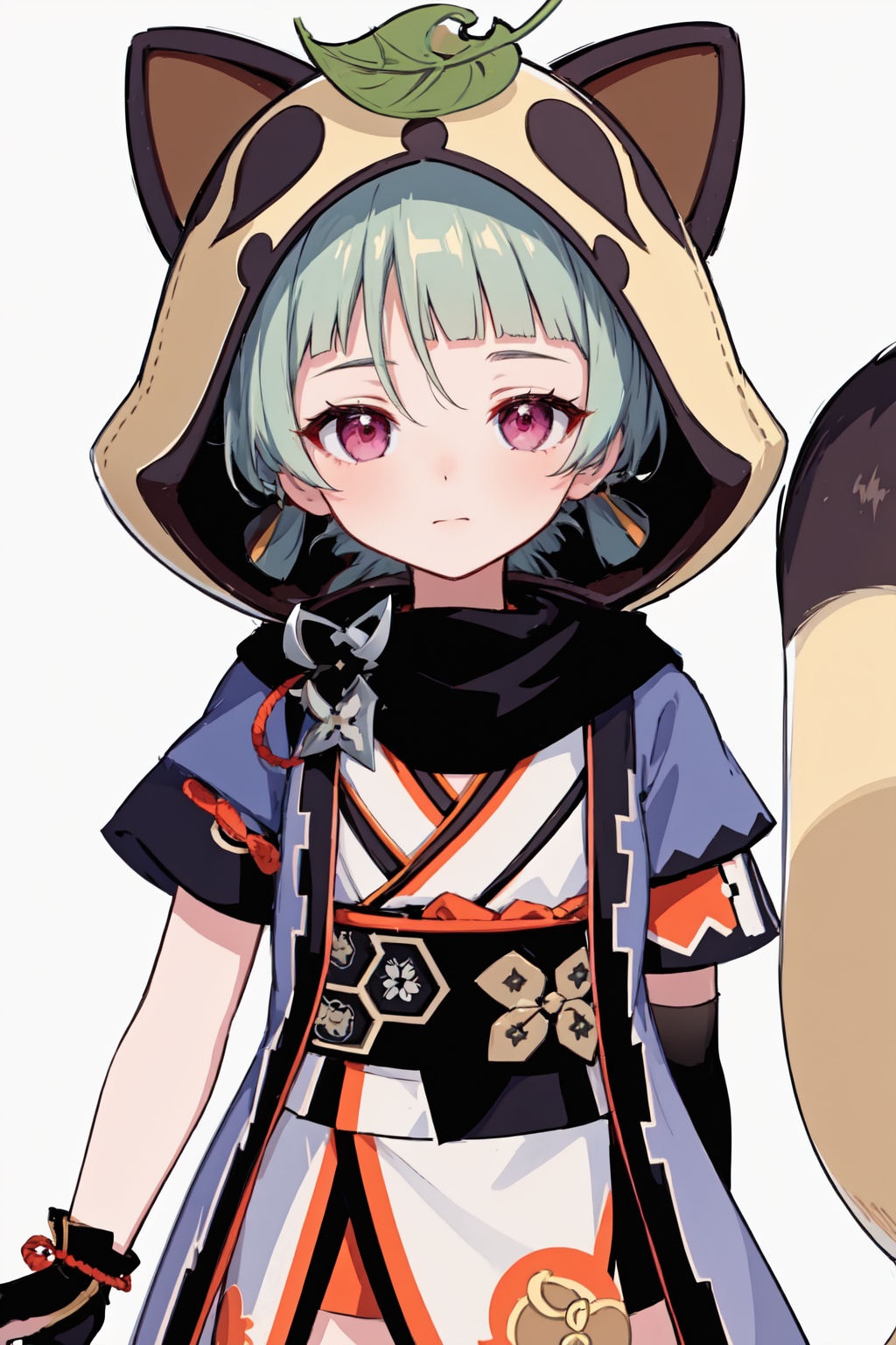 sayu_(genshin_impact),1girl,solo,short_sleeves,simple_background,fake_tail,raccoon_tail,looking_at_viewer,leaf_on_head,black_gloves,fingerless_gloves,animal_hood,japanese_clothes<lora:sayu_(genshin_impact):1>,simple background,white backgroundmasterpiece,best quality, highly detailed, 