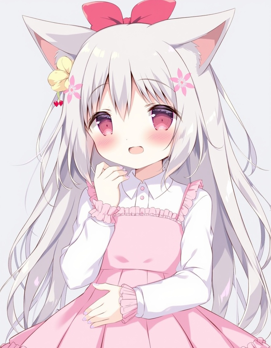 shiratama_(shiratamaco), commentary_request, 1girl, :d, animal_ears, bow, breasts, collared_shirt, dress, dress_shirt, fang, flower, frilled_dress, frills, grey_background, grey_hair, hair_between_eyes, hair_flower, hair_ornament, hand_up, long_hair, long_sleeves, looking_at_viewer, medium_breasts, nail_polish, pink_dress, pink_flower, pink_nails, red_bow, red_eyes, shirt, , sleeves_past_wrists, smile, solo, two_side_up, upper_body, white_shirt, , original, year_2023,, <lora:flux-Shiratamaco-000008:1>