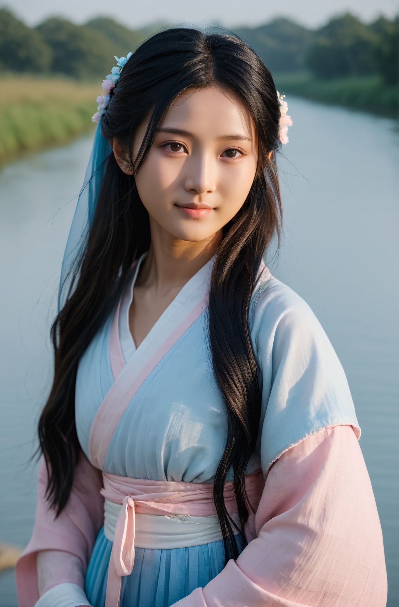cinematic photo Half body portrait real photography of beautiful young asian woman with out makeup wearing pastel pink and...
