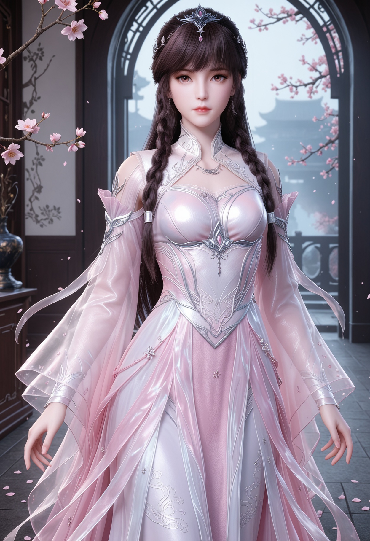 (cowboy shot:1.2),(looking at viewer:1.1),masterpiece,(best quality),smog,Dark room,dim lighting,peach blossom,falling petals,<lora:YQ_Illustrious光辉v5_小舞_神装1_V1:0.8>,q1528437228,1girl,solo,long hair,braid,dress,brown hair,hair ornament,white dress,jewelry,detached sleeves,pink dress,tiara,black hair,long sleeves,brown eyes,necklace,earrings,twin braids,pink eyes,collar,shoes,high heels,white footwear,