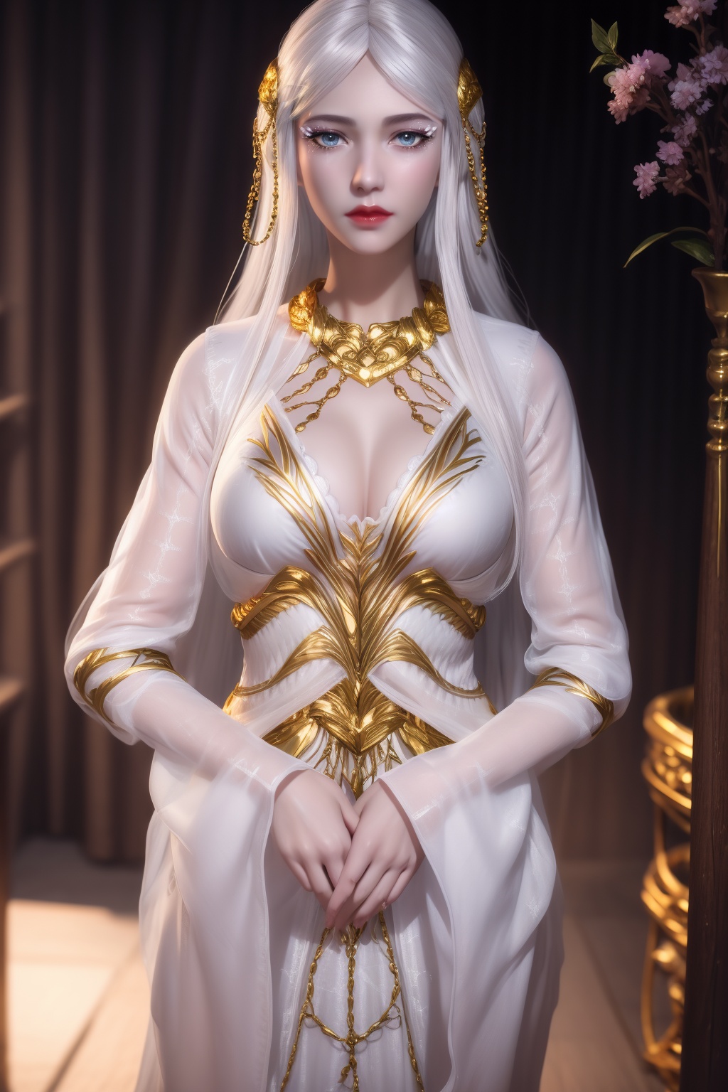 ltra realistic 8k cg, flawless, clean, masterpiece, professional artwork, famous artwork,cinematic lighting, cinematic bloom, perfect face, beautiful face,shenfengBaiLong,1girl, solo,red lips,jewelry,torogao, dress,white dress,bangs,circlet,eyelashes,eyeshadow,gem,standing, long hair, white hair,gold chain,makeup,necklace,looking at viewer,hair ornament,breasts,large breasts,hiqcgbody,<lora:shenfengBaiLong_20231217162206-000004:0.7>,