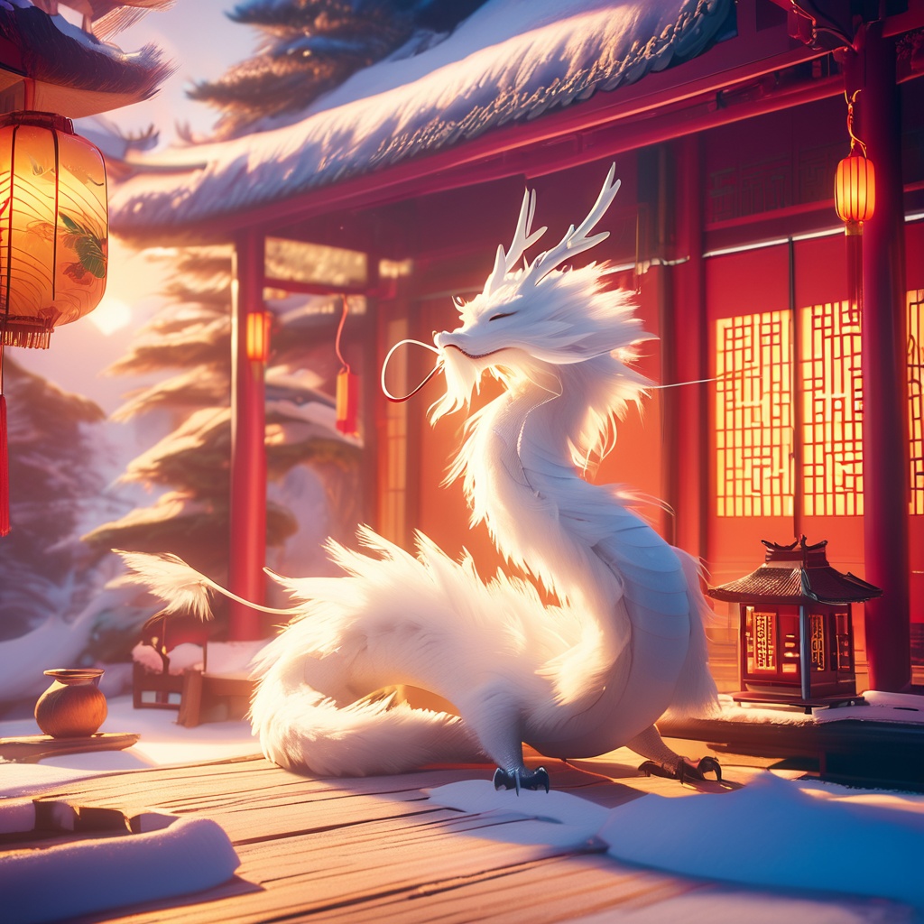 eastern dragon, soft lighting, white fur, antlers, whimsy and dramatic lighting, warm colors, mf-movie-filter, cc-color-correction, cute, whiskers, sunset, eastern dragon focus, claws, chinese zodiac, east asian architecture, no humans, dragon, lantern, horns, solo, indoors, from side, snow, architecture, scenery, tree,<lora:chenglong_xl:0.8>,