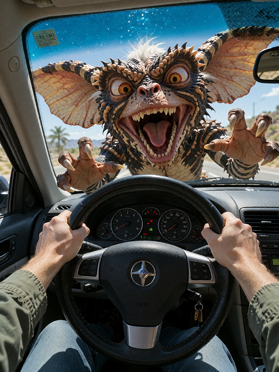 POV driving fast inside a car,  holding the car wheel,  while a gremlin is making funny faces in the windshield on Tensor.Art