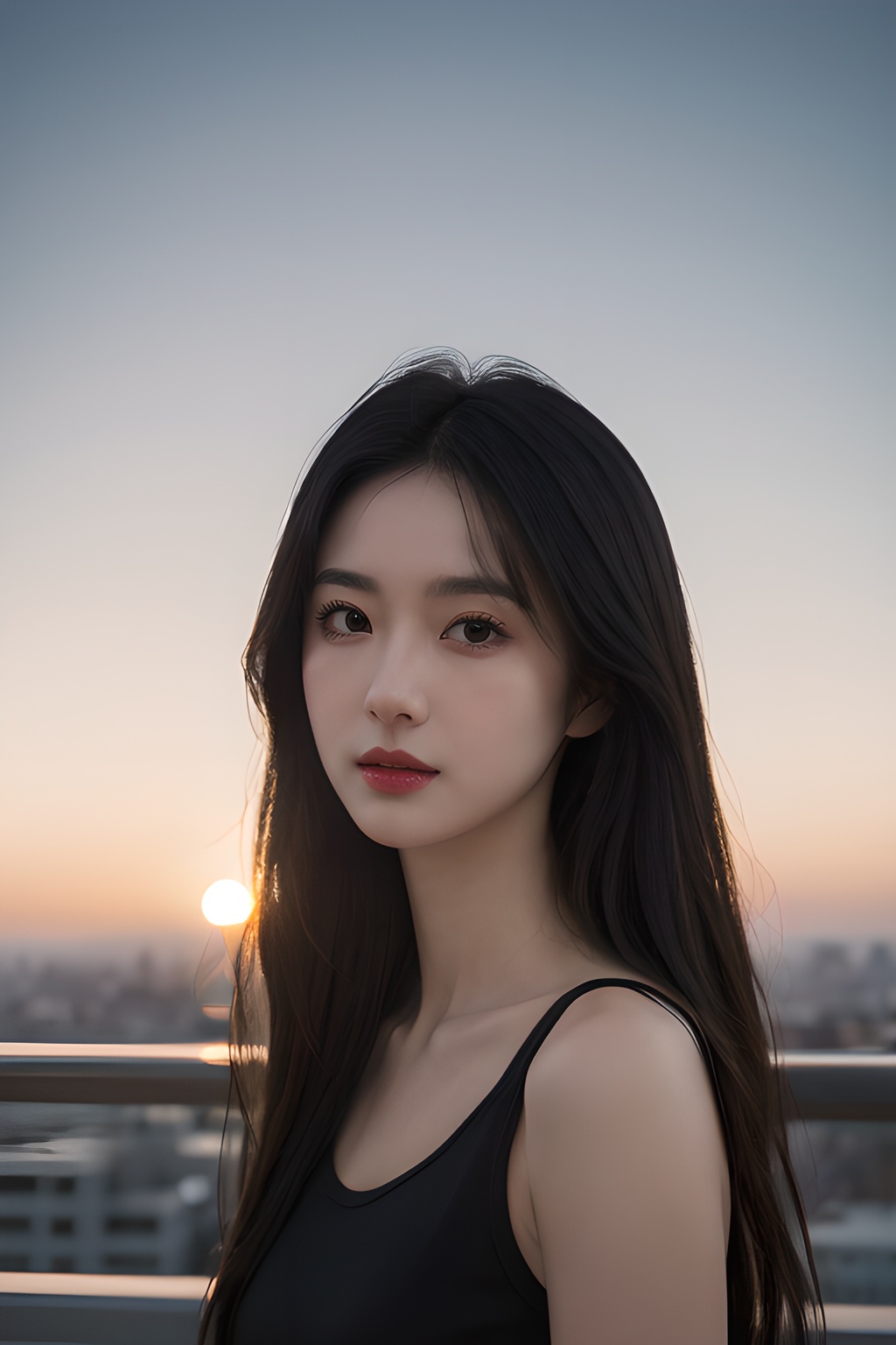 <lora:0813_04:0.7>,Frontal photography,Look front,evening,dark clouds,the setting sun,On the city rooftop,A 20 year old female,Black top,Black Leggings,black hair,long hair, dark theme, muted tones, pastel colors, high contrast, (natural skin texture, A dim light, high clarity) ((sky background))((Facial highlights)),, 1girl,realistic,masterpiece, best quality, photorealistic, HDR,detail