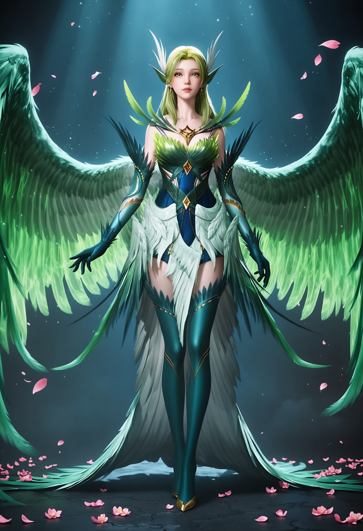 (standing full_body:1.1),(looking at viewer:1.1),masterpiece,(best quality),smog,Dark room,dim lighting,peach blossom,falling petals,<lora:YQ_Illustrious光辉v5_碧姬_V1:0.8>,q1528437228,solo,1girl,long hair,green hair,feathers,green eyes,blonde hair,hair ornament,pointy ears,wings,gloves,dress,green wings,elbow gloves,jewelry,feathered wings,green dress,thighhighs,armor,yellow eyes,earrings,green feathers,multiple wings,