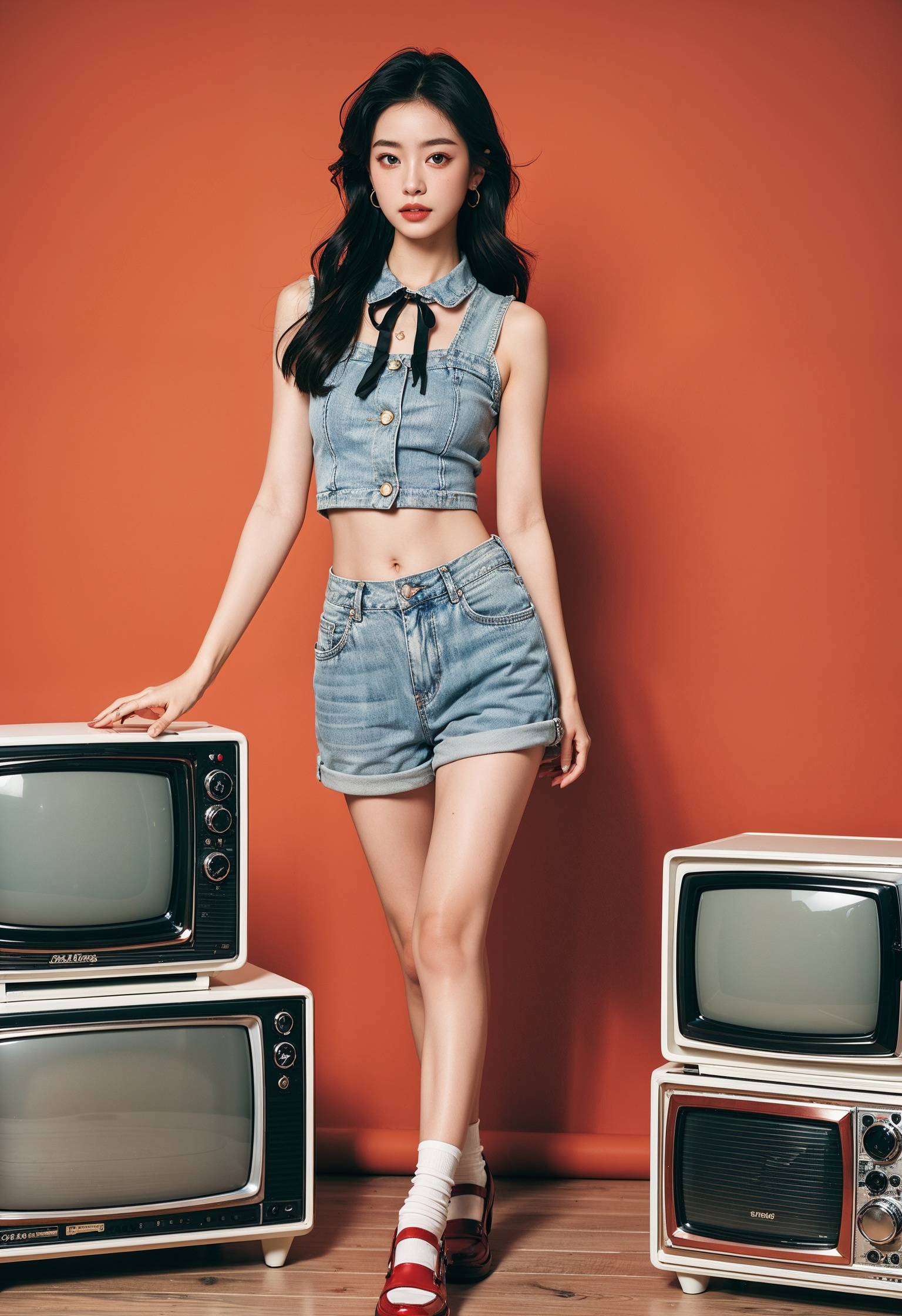 <lora:复古女孩-000020:0.7>,(masterpiece:1.2,best quality),fgnh,1girl,solo,long hair,looking at viewer,shirt,black hair,ribbon,jewelry,standing,full body,earrings,shoes,shorts,television,sleeveless,socks,midriff,star (symbol),black eyes,crop top,black shirt,sleeveless shirt,neck ribbon,denim,white socks,red footwear,blue shorts,denim shorts,high-waist shorts,