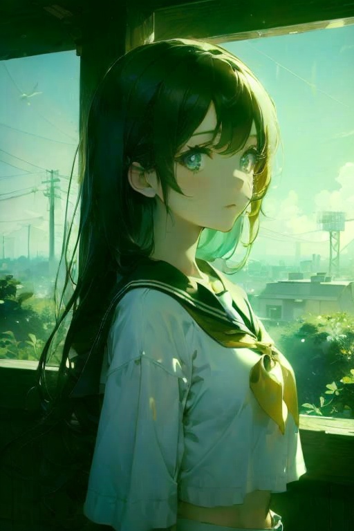 shine light,1girl,sky,(serafuku:1),solarpunk,beautiful and aesthetic,cupidtech,long hair,<lora:Electronic Patina:1.5>,