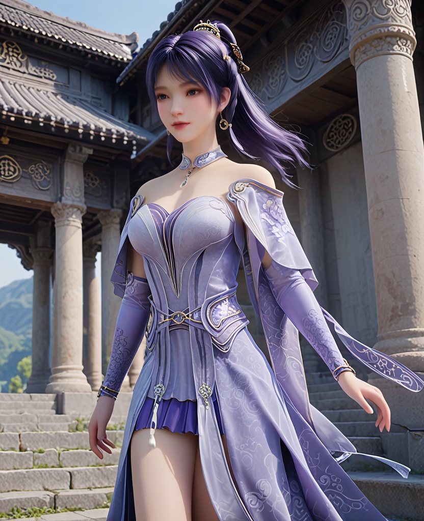 (oriental architecture, elegant decor, sophisticated style:1.1),(Leaping into the air with legs extended,:1.1),(breasts:1.2),<lora:XL遮天姬紫月2:0.95>,miss jiziyue,blue dress,shawl sleeves,purple hair,jewelry,bare shoulders,elbow gloves,sash,blue eyes,hair ornament,tassels,ponytail,inner skirt,, score_9,score_8_up,score_7_up,score_6_up,score_5_up,score_4_up,3d rendering,tag1,tag2, Cinematic Lighting,backlighting,