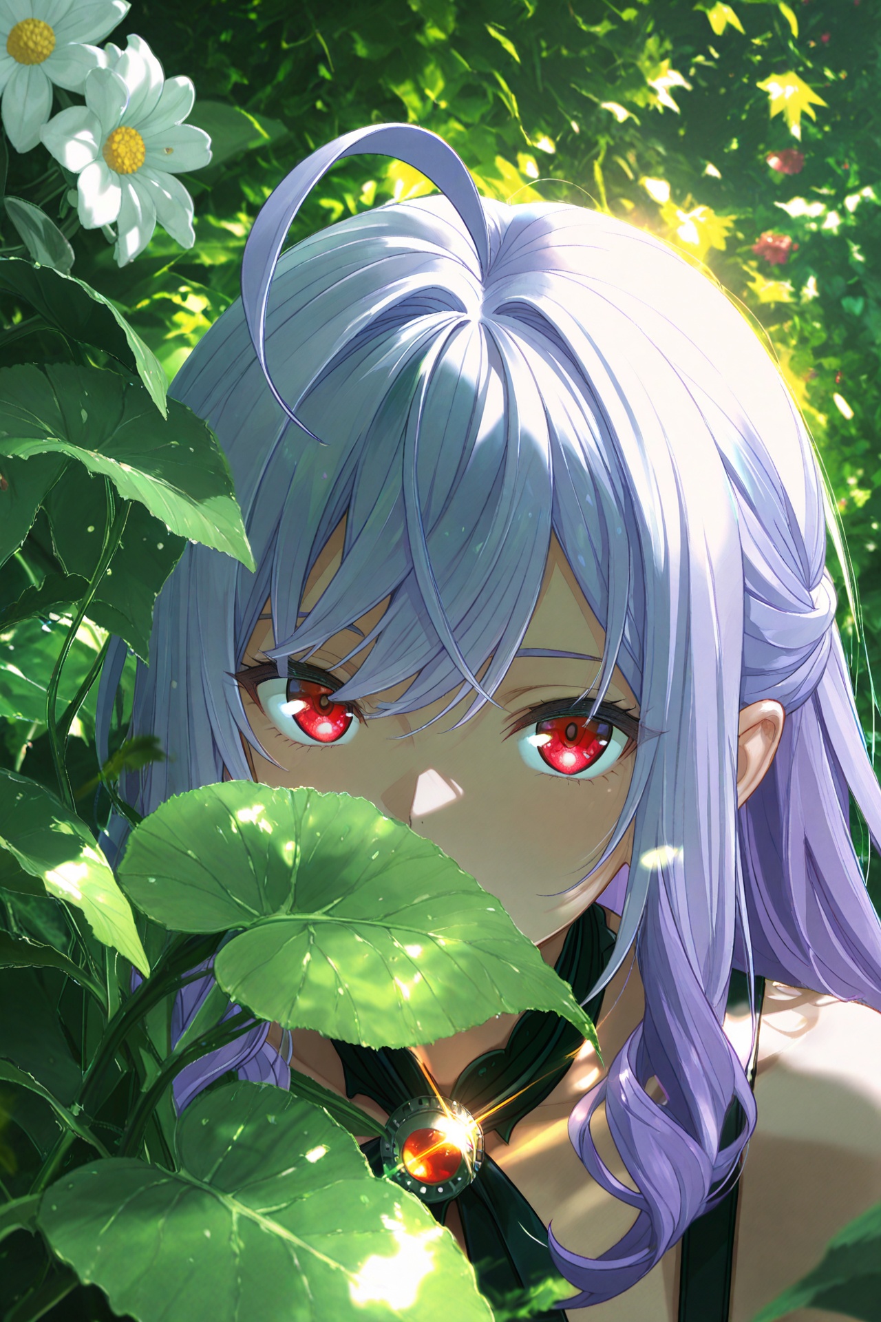 cinematic film still,beast_quality,masterpiece,8k,an anime girl is hiding behind a bunch of white flowers in the sun,close-up,upper body,plant,leaf,flower,covered mouth,looking at viewer,bloom,glint,light,1girl,vivian,red_eyes,ahoge,long_hair,