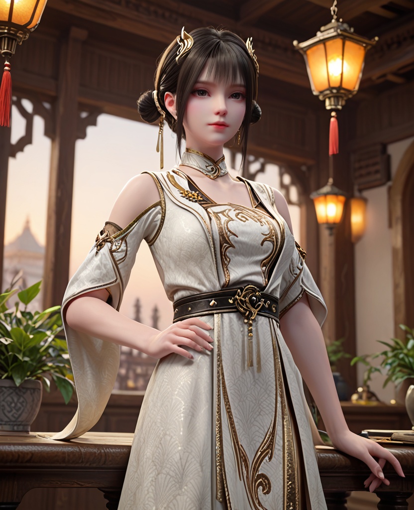 (oriental architecture, elegant decor, sophisticated style:1.1),(standing with hand on her hip:1.1),looking at viewer,(breasts:1.2),<lora:XL斗破苍穹丹晨:0.9>,miss danchen,brown underdress,white robe,detached collar,belt,shoulder cutout,black eyes,black hair,bangs,sidelocks,hair ornament,double bun,boots,, score_9,score_8_up,score_7_up,score_6_up,score_5_up,score_4_up,3d rendering,tag1,tag2, Cinematic Lighting,backlighting,, zPDXL3, zPDXL2,zPDXL, zPDXLxxx, zPDXLrl,
