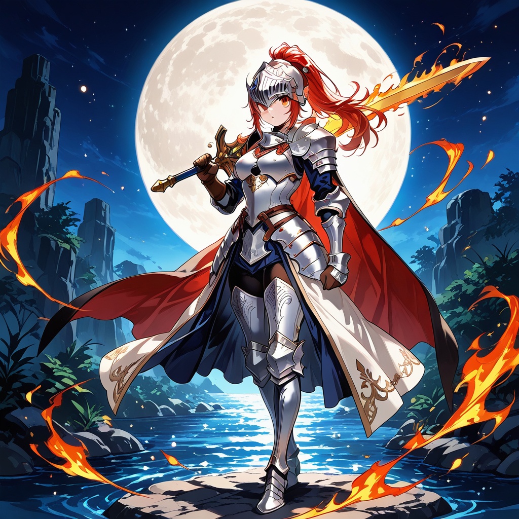 Melting,weapon, armor, moon, 1girl, sword, solo, fire, helmet, water, holding, long hair, night, full moon, sky, holding weapon, braid, holding sword, shoulder armor, full body, breasts, knight, night sky, flaming sword, pauldrons, full armor, flaming weapon, gloves, greaves, gauntlets, boots, brown gloves, underboob, armored boots,(UHD),anatomically correct,accurate,textured skin,super detail,high details,award winning,best quality,high quality,retina,16k,HD,1080P,8k,