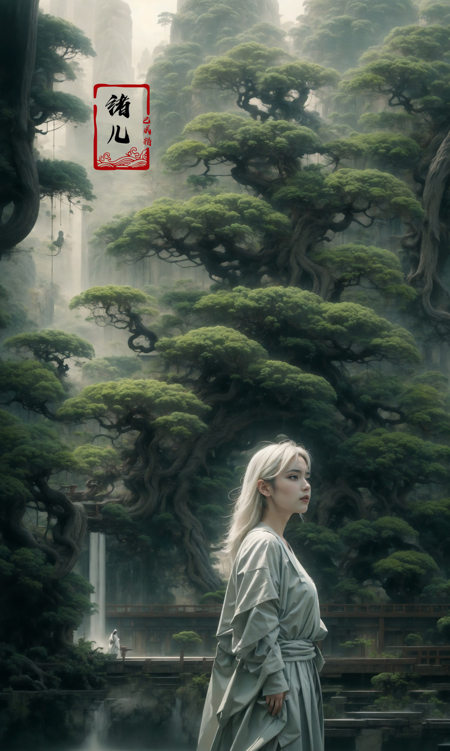 an painting in a style of oriental painting, in the style of matte painting, layered and atmospheric landscapes, rich and immersive, quiet contemplation, dark white and green, history painting, zen-inspired, grandeur of scale，highly detailed, dynamic, cinematic, stunning, realistic lighting and shading, vivid, vibrant, 8k,octane render, unreal engine, very detailed, concept art, realistic, Cry engine, wide shot，1 girl，very long hair，white hair，(upper body:1.0)，<lora:绪儿-松pine:0.9>