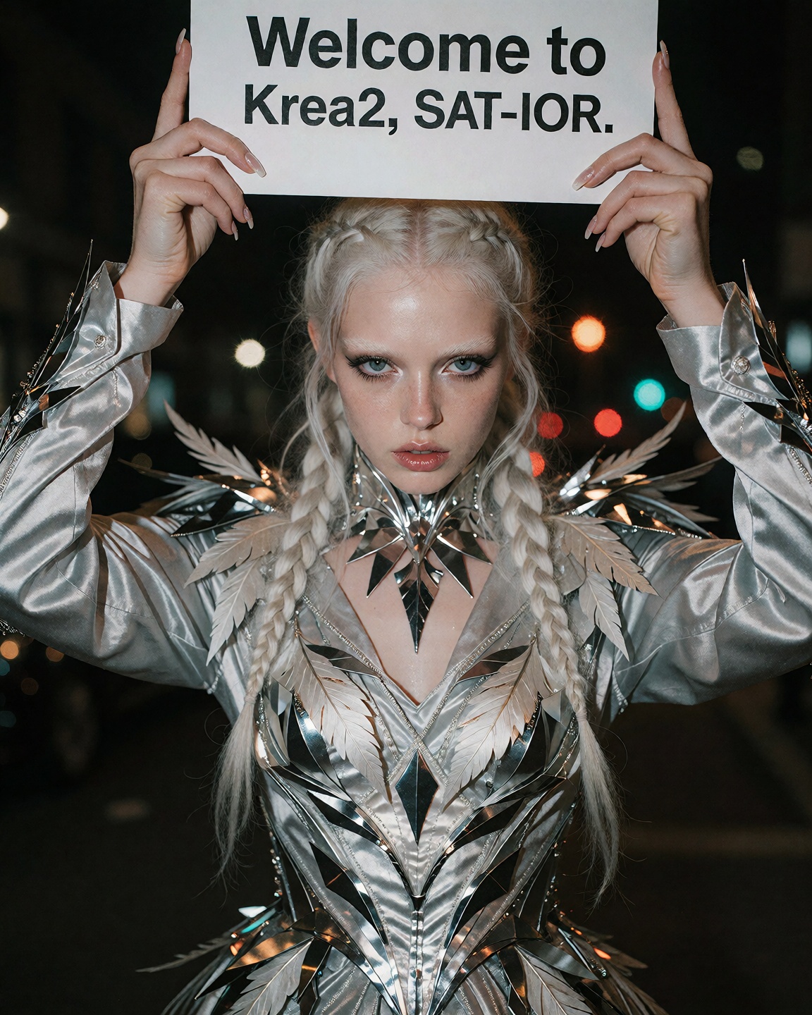 portrait of A pretty girl with white hair and braids and almost-white blue eyes,  on the street at night,  High Fashion on...