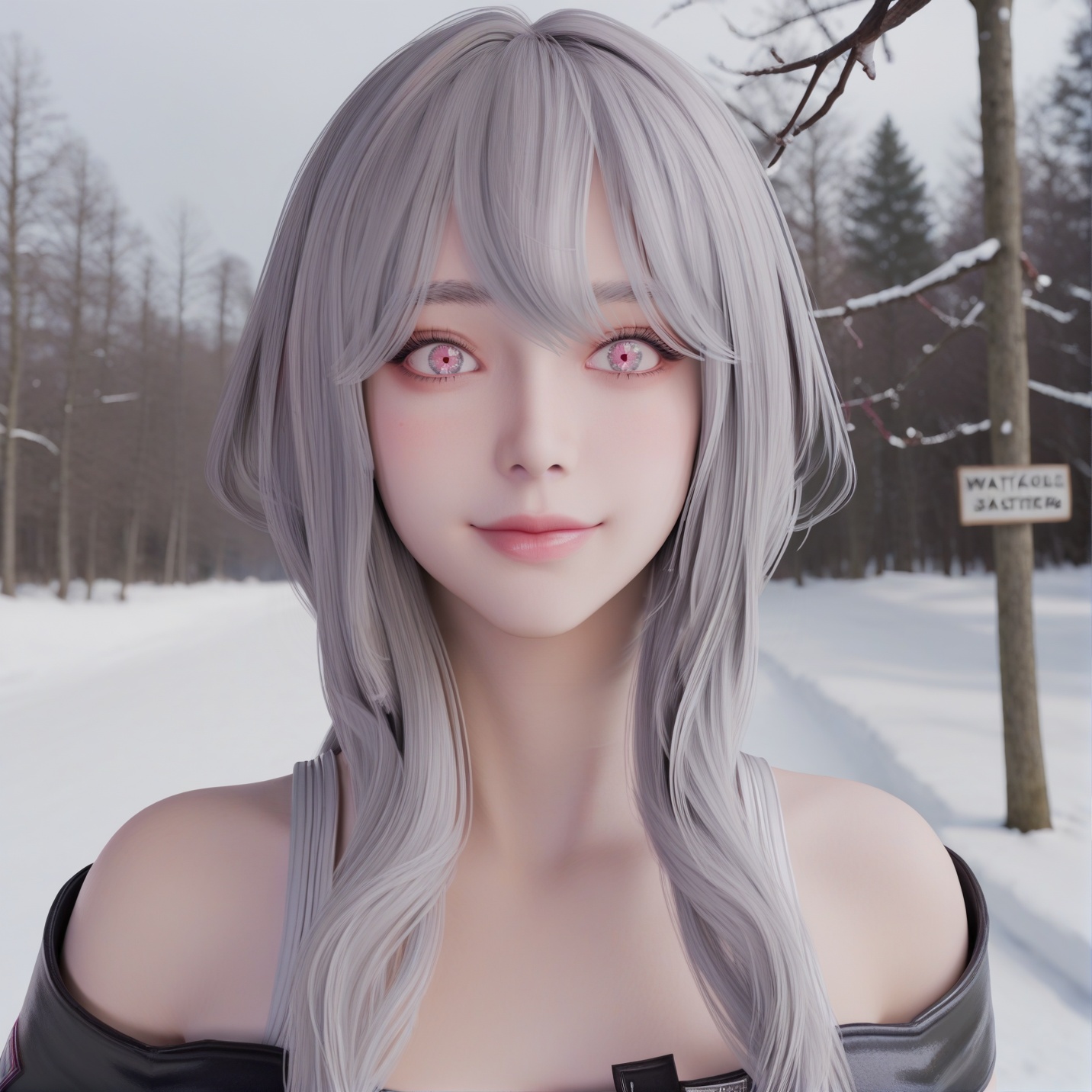 (score_9),<lora:红莲-pony:0.83>,nikeredtot,1girl,solo,grey hair,light blush,light smile,long hair,white **** top,**** top,bare shoulders,rerebrace,looking at viewer,front view,upper body,one eye closed,(bright_pupils:1.1),(ok_sign:1.1),in snow,Tyndall effect,available light,depth of field,tree,snowflakes,branch,twig,masterpiece,best quality,absurdres,highres,