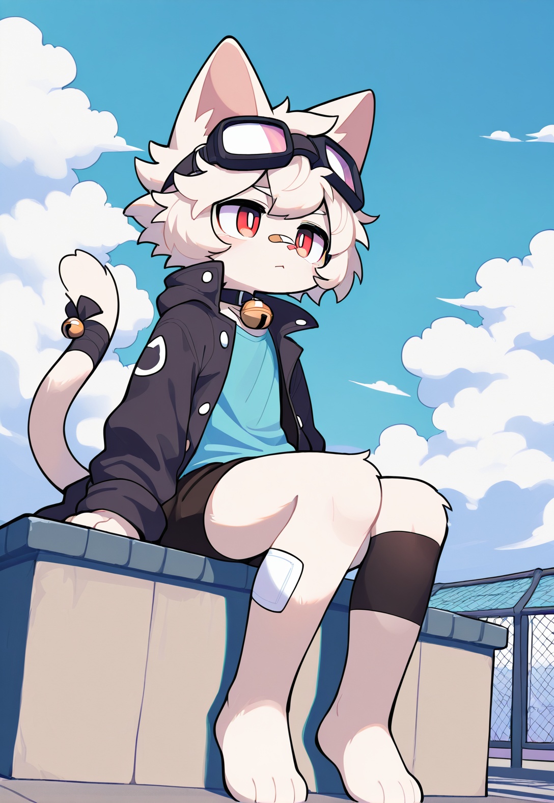 furry,cat boy,1boy,solo,male_focus,(white_hair:0.8),red eyes,[bell on collar,Collar,Cortical collar,Large collar],(blue t-shirt,black_leggings under shorts,black bike_shorts),(barefoot) BREAK dutch angle,vanishing point,sitting on rooftop,(blue sky,cloud,wind),(masterpiece, best quality:1.1),foot focus,goggles on head,bandage on nose,bandage on leg,Tail decoration,cat tail,Open coat,bare,body fur,anthro,