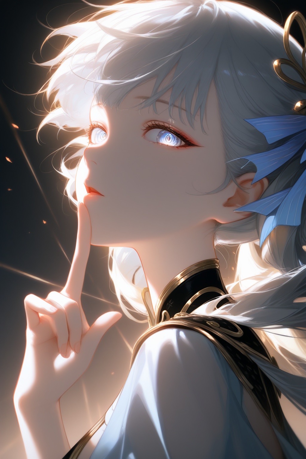 masterpiece,best quality,amazing quality,very aesthetic,absurdres,newest,highres,1girl,jinhsi (wuthering waves),portrait,from side,beautiful detailed eyes,finger to mouth,dynamic pose,dark,warm light,looking at viewer,