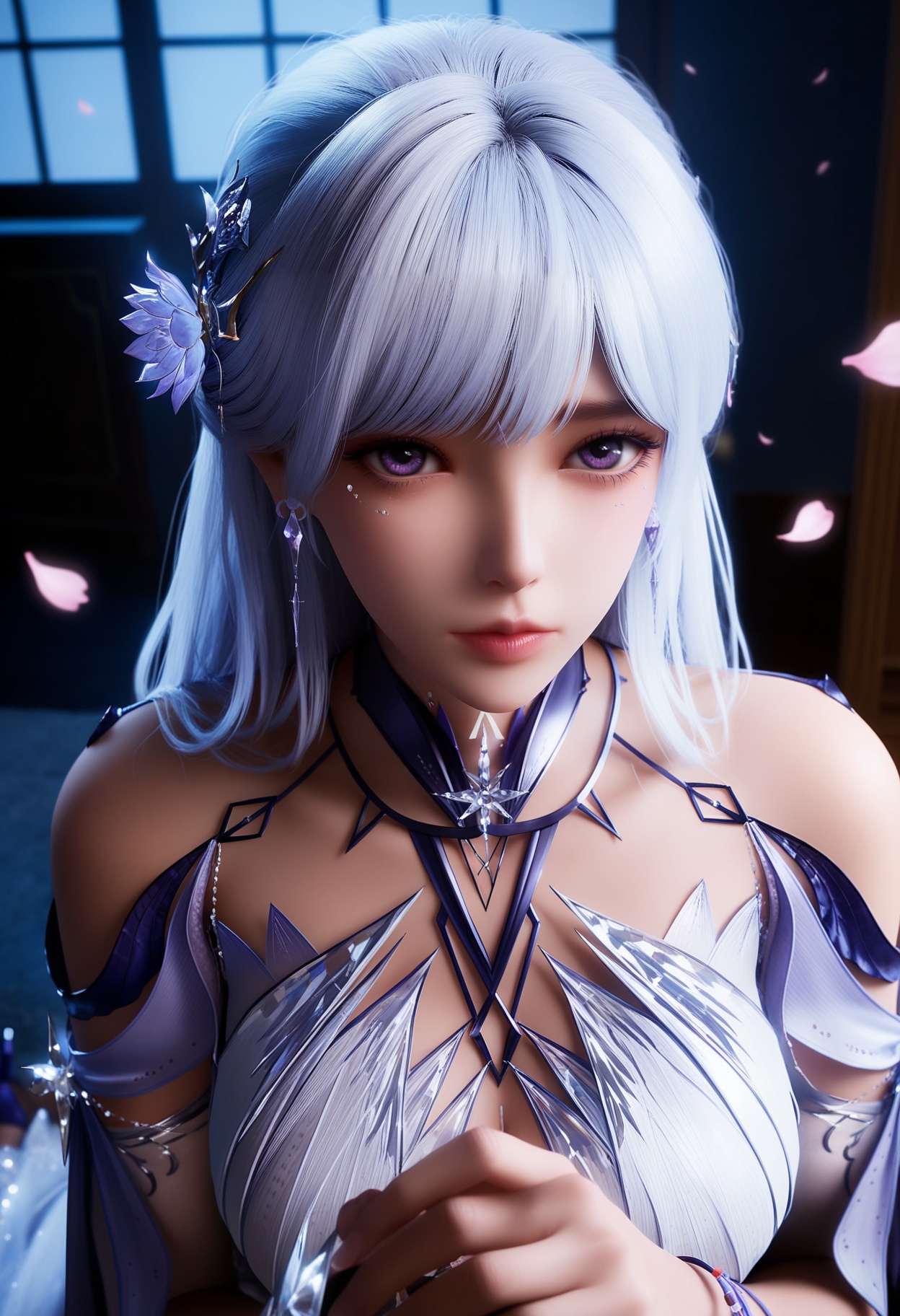 masterpiece,best quality,amazing quality,high resolution,ultra-detailed,absurdres,high res,8K,(looking at viewer:1.1),upper body,(Dark room:1.3),(moody lighting:1.1),falling petals,(large breasts:0.8),shengcaiersjcf,1girl,solo,long hair,hair ornament,white hair,jewelry,purple eyes,earrings,realistic,dress,bare shoulders,hair flower,white dress,lips,nose,pantyhose,strapless,long_dress,strappy heels,high_heels BREAK photorealistic details,<lora:QQSillshengcaiersjcfV1:0.8>,