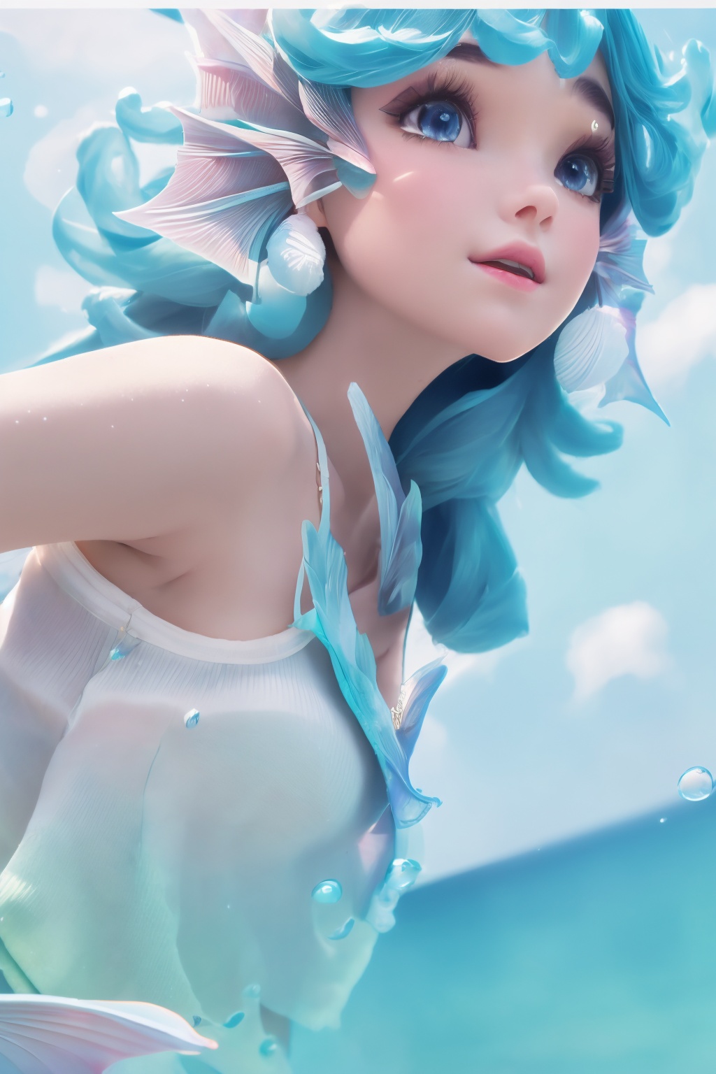 (1girl),moyou,smooth chin,masterpiece,detailed face,((hair ornament)),top quality,4k,make up,best quality,alone,single,solo,only one,one character,blush,(body blush),(detached sleeves),earrings,(blue hair),under water,(head fins),long hair,(from below),ocean,(puffy hair:1.13),head wings,frilled skirt,frilled clothes,model,looking at viewer,Cute Women,frilled shirt,bubble skirt,green skirt,full body,(detached shirt),bandeau,blue skirt,((Prayer with both hands)),(Masterpiece), the best quality,((The best hand))
