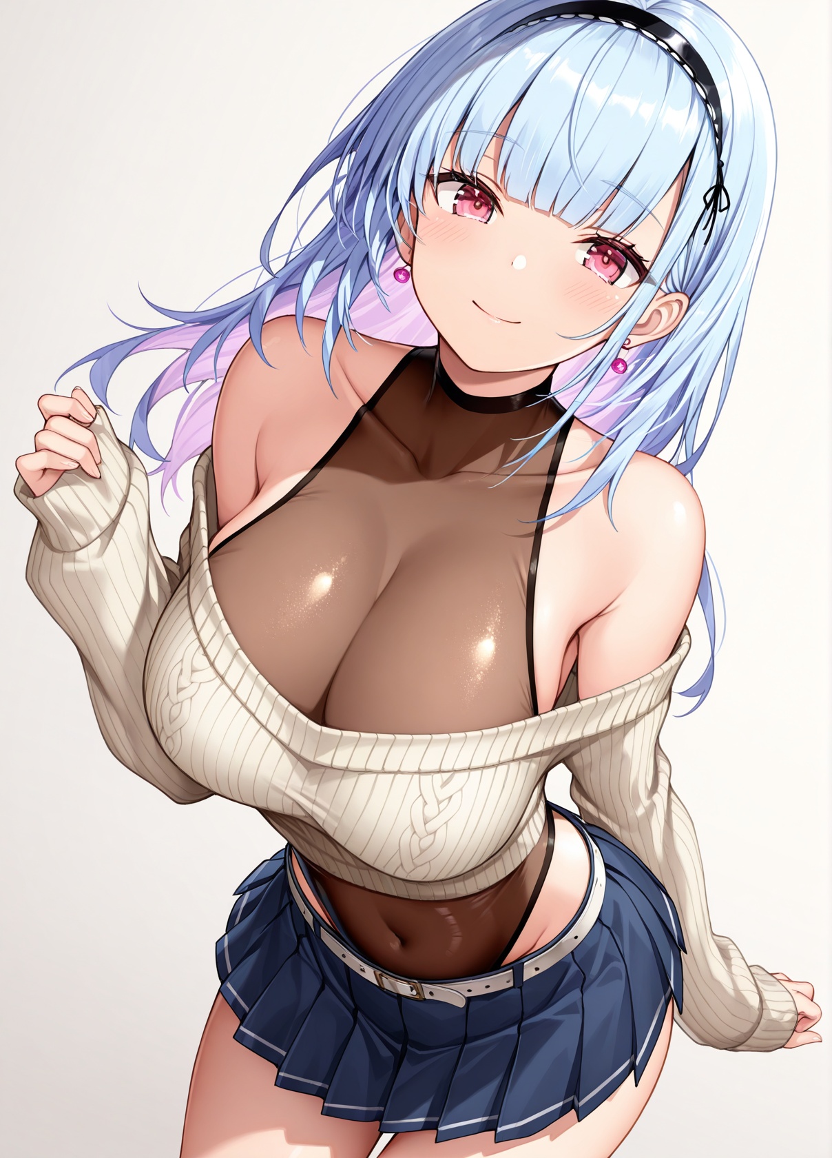 <lora:dido_IL_v1.0:1>,dido \(azur lane\),miniskirt,blue pleated skirt,off-shoulder sweater,bare shoulders,covered collarbone,see-through leotard,earrings,hairband,covered navel,belt,fashion,looking at viewer,groin,dutch angle,leaning forward,sleeves past wrists,smile,, masterpiece,best quality,