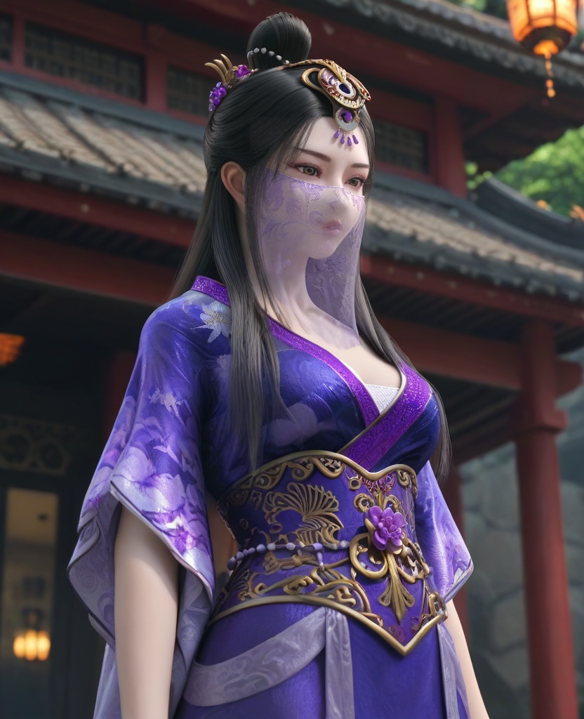 (oriental architecture, elegant decor, sophisticated style:1.1),(standing in an s-shape:1.1),(breasts:1.2),<lora:XL16墓王之王圣女神差沐雪离:0.95>,miss muxueli,blue violet dress,mouth veil,brown eyes,black hair,long hair,single hair bun,hair ornament,hanging hair,floral print,sash,, score_9,score_8_up,score_7_up,score_6_up,score_5_up,score_4_up,3d rendering,tag1,tag2, Cinematic Lighting,backlighting,