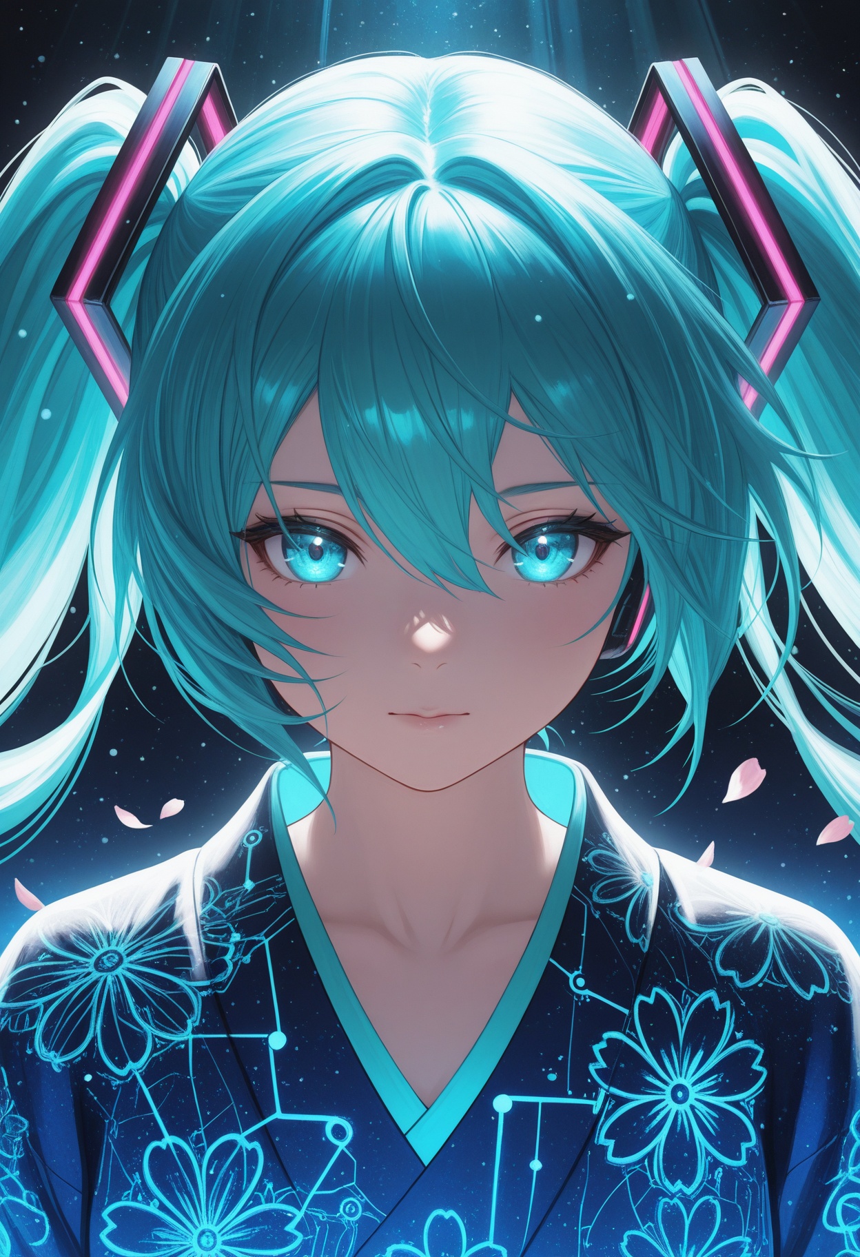 Hatsune Miku,  twin teal twin-tails flowing dramatically,  glowing cyan eyes on Tensor.Art