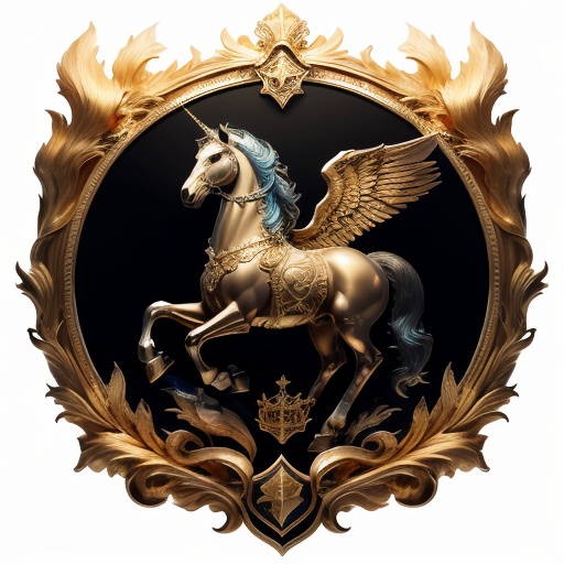<lora:graphic badge:1>,(graphic badge:1.3),no humans, wings, black background, crown, unicorn, watermark, simple background, solo, gold, pegasus, gem, full body, artist name, web address, feathered wings, animal focus, single horn, horse, animal