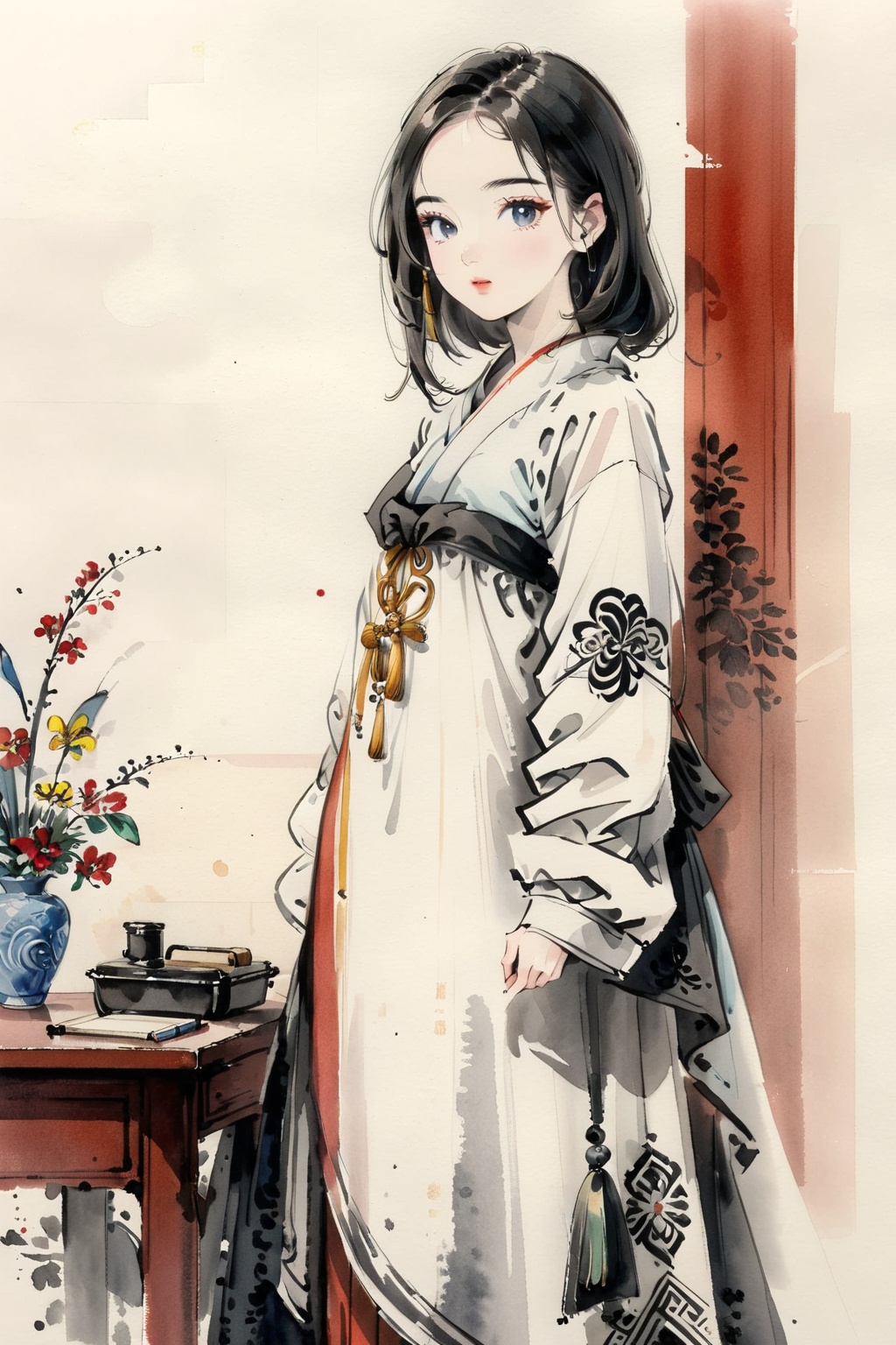 1girl,20 years old,full body,detailed,looking at viewer,<lora:IllustrationInk-0010:0.8>,moran,ink painting,
