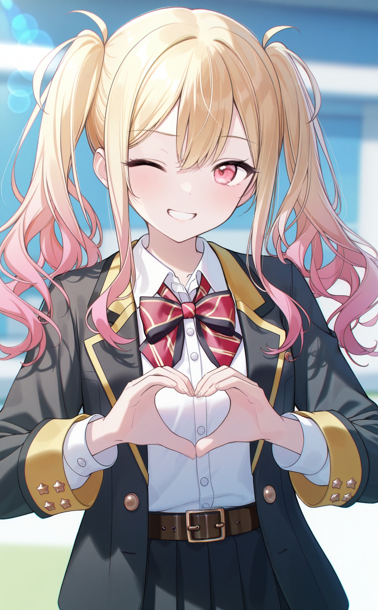 masterpiece,very aware,(highres),absurdres,newest,best quality,high quality,chromatic_aberration,White Theme,lightblue Theme,//,1girl,solo,one eye closed,pink hair,twintails,shirt,smile,jacket,bow,bowtie,blonde hair,multicolored hair,belt,white shirt,gradient hair,collared shirt,long sleeves,open jacket,school uniform,long hair,pink eyes,heart hands,looking at viewer,open clothes,skirt,black jacket,red bowtie,striped clothes,red bow,blurry background,grin,blurry,black skirt,buttons,lapels,striped bow,belt buckle,brown belt,buckle,black belt,shirt tucked in,blazer,striped bowtie,notched lapels,upper body,pleated skirt,heart,sidelocks,colored tips,diagonal-striped bow,hair between eyes,dress shirt,red eyes,//,absurdres,newest,very aesthetic,amazing quality,highres,sensitive,ultra detailed,best anatomy,HDR,8K,high detail RAW color art,high contrast,illustration,depth of field,(colorful),phenomenal aesthetic,detailed light,blurred picture,Tyndall effect,contrast,lens flare,cinematic lighting,//,<lora:timmoo——【noob】hans:1>,