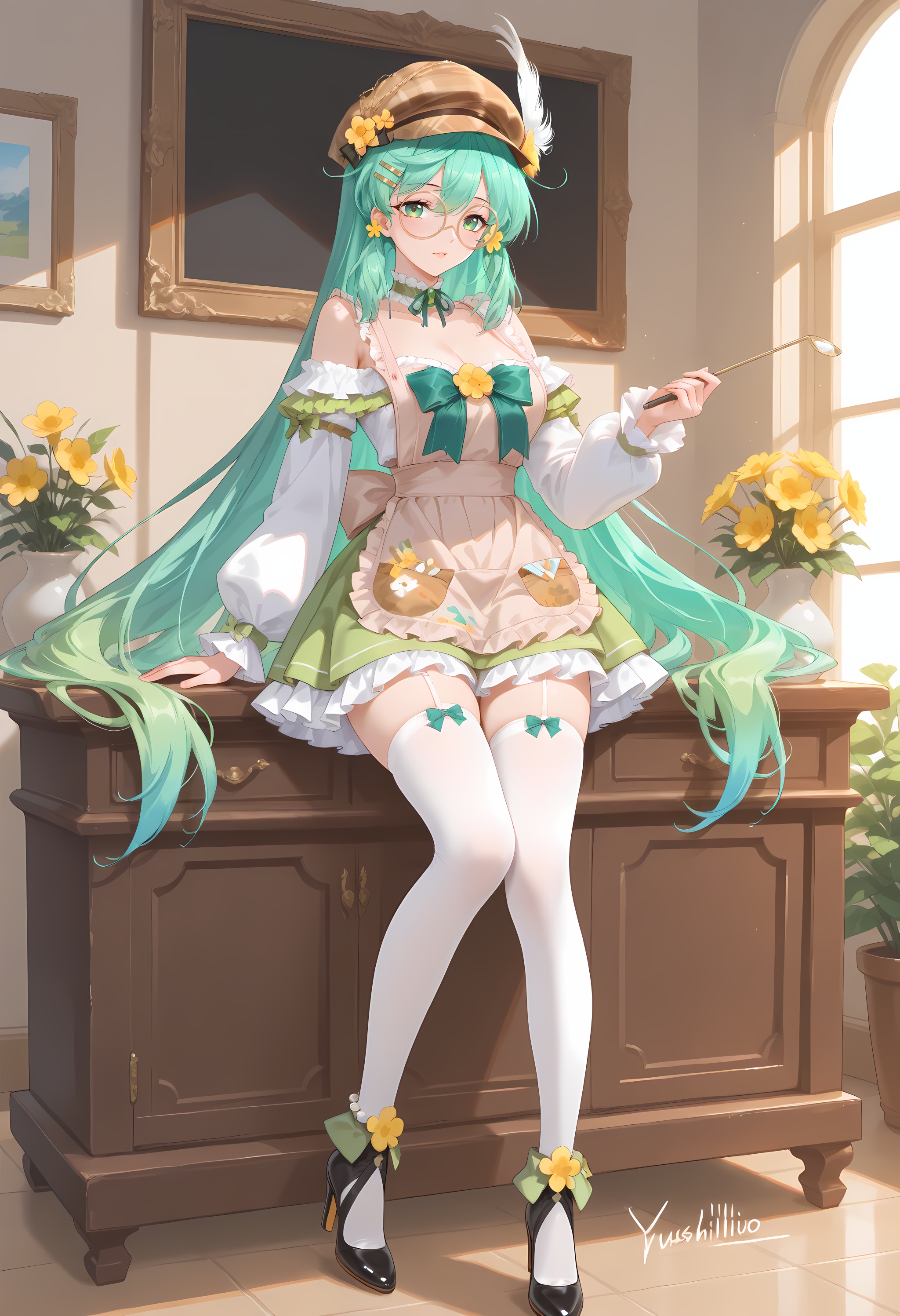 ((((full_body:1.4)))),(artist:kousaki rui:0.4),(artist:agm:0.6),(artist:arutera:0.6),masterpiece,hyper quality,amazing quality,absurdres,signature,(((((signature:yushililuo:1.5))))),<lora:神曜灵绘·缪可:1>,miuke,1girl,long hair,bangs,hair ornament,hat,green eyes,flower,green hair,glasses,hairclip,hair flower,aqua hair,yellow flower,round eyewear,brown headwear,hat flower,monocle,plaid headwear,breasts,thighhighs,long sleeves,dress,bow,bare shoulders,very long hair,multicolored hair,frills,puffy sleeves,off shoulder,black footwear,apron,high heels,white thighhighs,gradient hair,detached collar,green bow,puffy long sleeves,round eyewear,brown headwear,choker,frilled choker,green choker,white shirt,detached sleeves,shoes,high heels,frilled sleeves,wreath anklet,