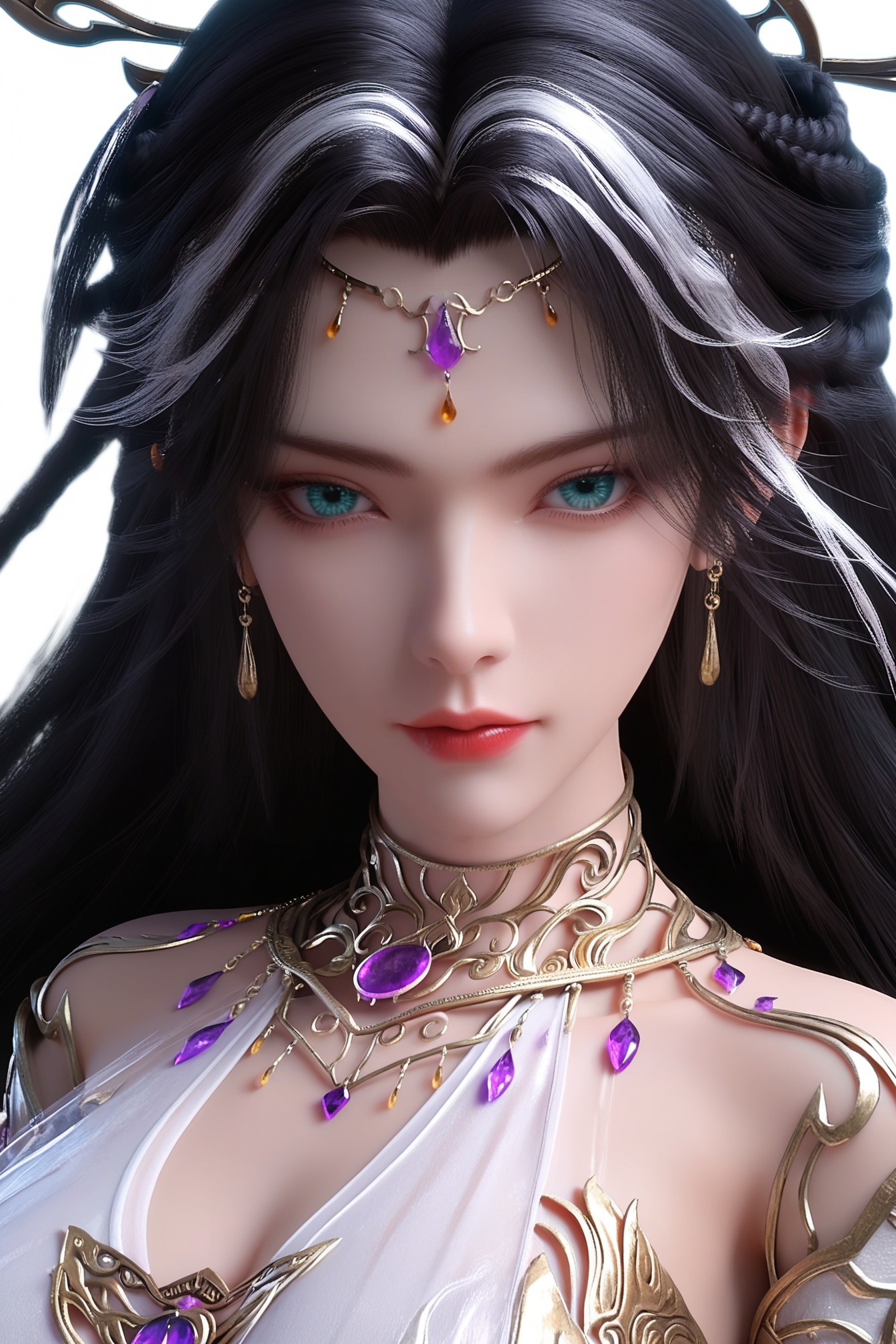 professional 3d model (score_9),score_8_up,score_7_up,realistic,4k,<lora:完美世界_魔女_pony_V2:0.8>,1girl,black hair,white hair,long hair,aqua eyes,facial_mark,jewelry,earrings,(headwear),(hair ornament:1.2),Her dark,wavy hair is adorned with a silver headpiece featuring a purple gemstone and amber drops. She wears intricate,gold jewelry with delicate designs around her neck.,She wears a flowing,translucent white gown embellished with gold and gemstone jewelry. The dress has long sleeves with pink accents and intricate patterns.,looking at viewer,oiled up skin,shiny_skin,<lora:e色温:0.5>,portrait,white_background, . octane render, highly detailed, volumetric, dramatic lighting