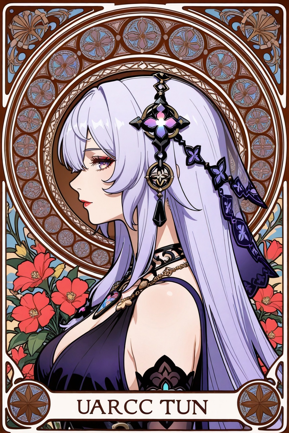 <lora:夏穆风·滤镜·ILL:0.8>,Black Swan \(honkai: star rail\),art nouveau,long hair,1girl,profile,jewelry,flowers,hair ornament,necklace,solo,from side,depth of field,masterpiece,best quality,very aesthetic,alternate costume,alternate costume,2024,2023,perfect composition,ultra-detailed,extreme aesthetic,masterpiece,best quality,good quality,newest,year 2024,year 2023,very aesthetic,absurdres,looking_at_viewer,colorful,makeup,