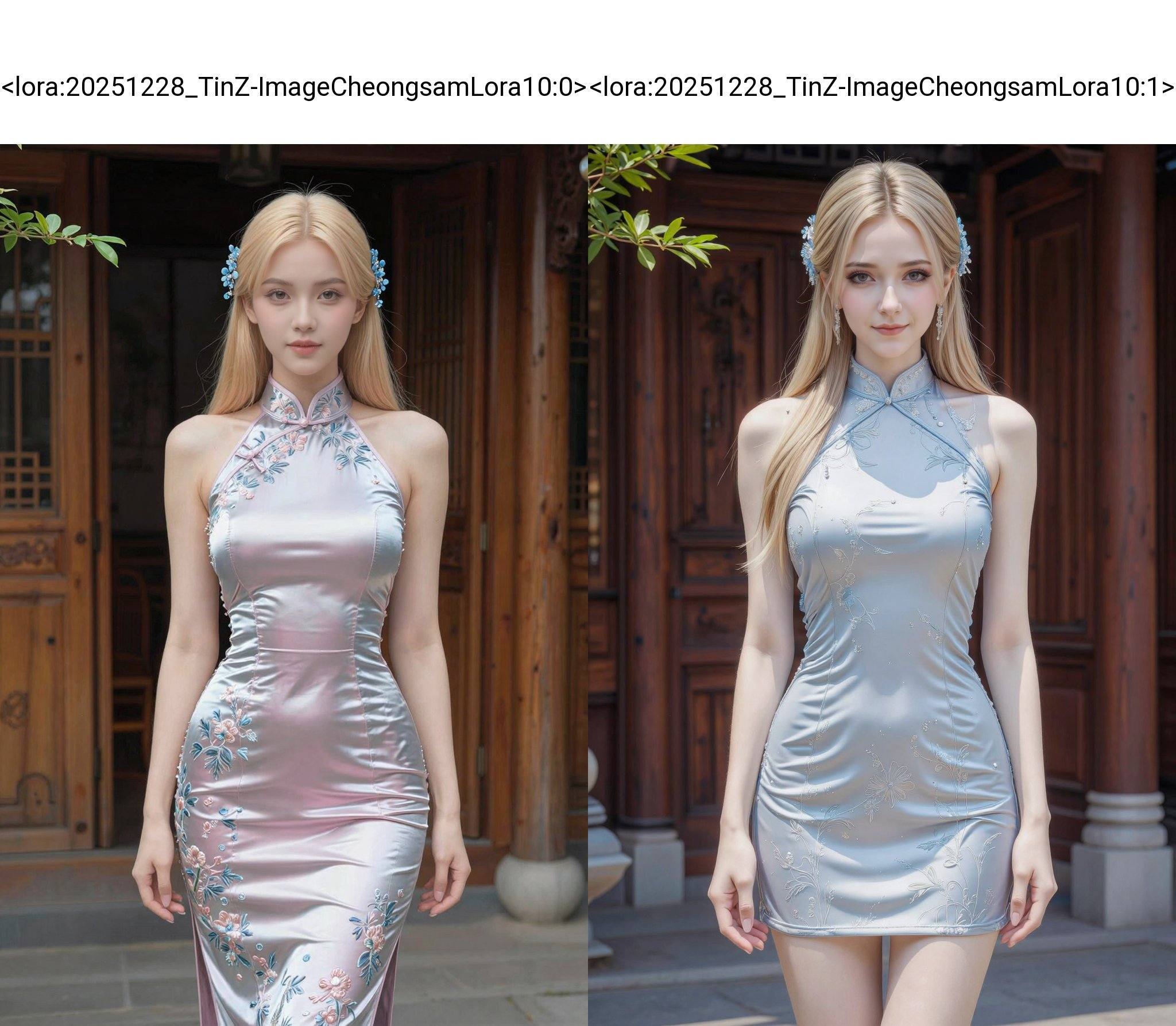 Photograph of a young Caucasian woman standing outdoors in front of a traditional wooden building. She has long straight blonde hair adorned with blue floral hairpins, and is wearing a tight, silver-pink, sleeveless cheongsam dress with a high halter neck and floral embroidery. Her skin is fair, and she has a slender, hourglass figure with medium-sized breasts. She stands with a slight smile, looking directly at the camera. The background includes wooden doors and columns, with a small green leafy branch in the upper left corner. The lighting is natural, highlighting the shiny texture of her dress., cheongsam, sleeveless cheongsam, sleeveless cheongsam dress, high collar cheongsam, qipao, halter-neck cheongsam dress. <lora:20251228_TinZ-ImageCheongsamLora10:0>