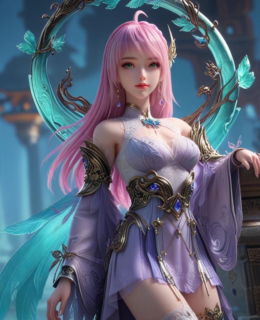 (oriental architecture, elegant decor, sophisticated style:1.1),(slouching:1.1),(breasts:1.2),<lora:XL16克金玩家林紫玥转职:0.95>,miss linziyue,lavender tiered high-low dress,green eyes,pink hair,ahoge,long hair,half-up crown braid with long cascading hair,jewelry,earrings,rerebrace,sash,detached sleeves,white single thighhigh with embroidery,crystal halo,, score_9,score_8_up,score_7_up,score_6_up,score_5_up,score_4_up,3d rendering,tag1,tag2, Cinematic Lighting,backlighting,, zPDXL3, zPDXL2,zPDXL, zPDXLxxx, zPDXLrl,