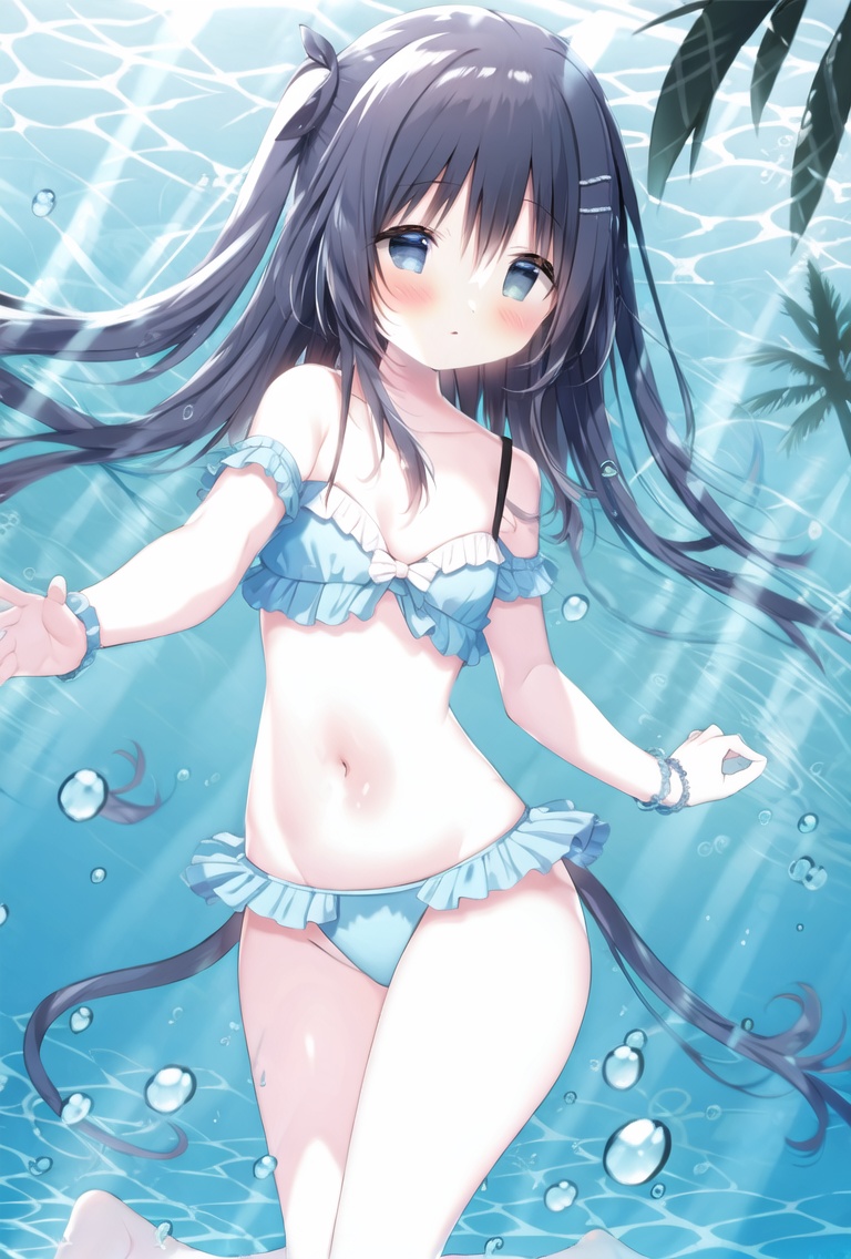 1girl,solo,standing,beach,swimming ring,hold the swimming ring,palm_tree,day,available light,