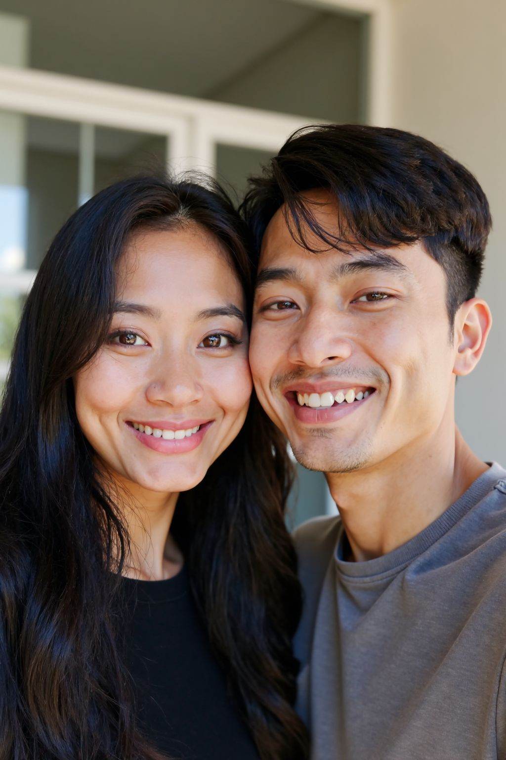This is a photograph of a young couple posing for a selfie indoors. The woman, with long black hair, wears a black top. The man, with short dark hair, is in a shirt. The background is outdoors.